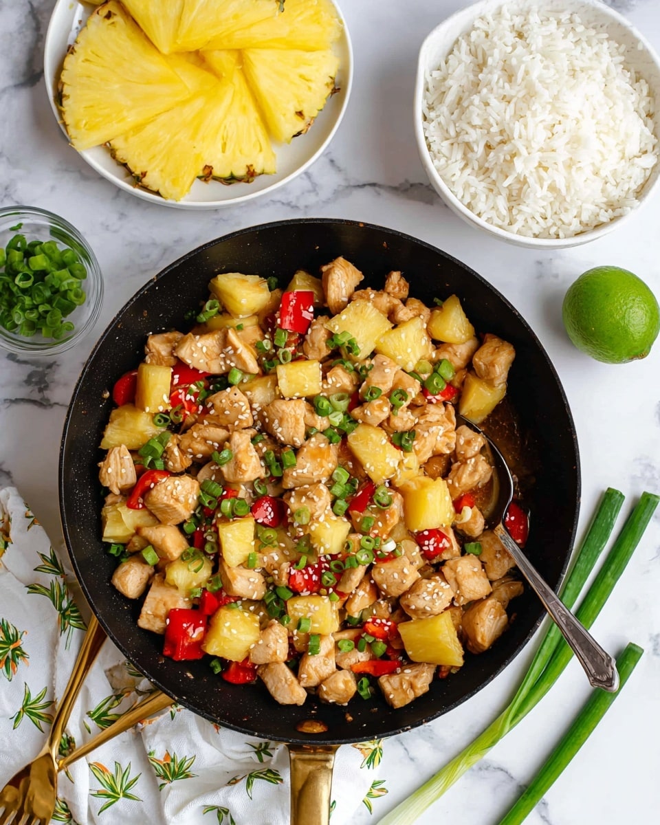 A black pan filled with a cooked mix of light brown chicken pieces, yellow pineapple chunks, and red bell pepper pieces, topped with green chopped scallions and white sesame seeds. The pan sits on a white cloth with green and yellow details on a white marbled surface. To the top left, there is a white plate holding several bright yellow pineapple wedges with green rind edges. To the top right, a white bowl is filled with fluffy white rice. A whole green lime is placed near the bowl. Two gold forks rest on the marbled surface near the bottom left, with some green scallion stalks placed on the right side of the image. A silver spoon is partly inside the pan. Photo taken with an iphone --ar 4:5 --v 7