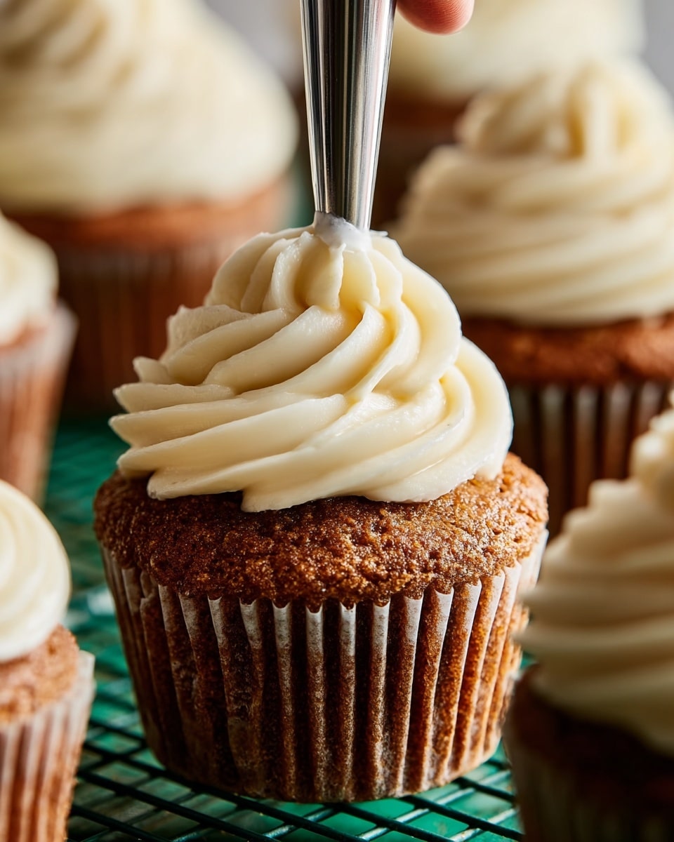 A close-up view of several cupcakes on a green rack, each with a two-layer look: the bottom is a moist, brown cake in a ridged paper liner, and the top layer is a smooth, creamy off-white frosting being piped in a swirl shape by a woman’s hand holding a metal nozzle at the center of the nearest cupcake; the background is softly blurred to keep focus on the detailed texture of the cake and the thick, soft frosting. Photo taken with an iphone --ar 4:5 --v 7