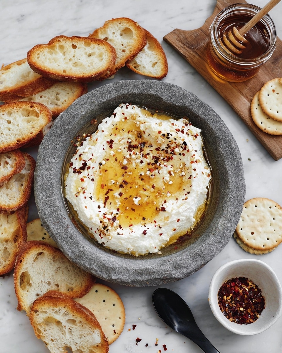 A gray stone bowl holds a two-layer dip on a white marbled surface; the bottom layer is thick, white, sharp ricotta cheese spread with a rough texture, and the top layer is golden honey drizzled unevenly, sprinkled with red chili flakes. Around the bowl, toasted white bread slices with a golden-brown crust and round white crackers with light brown spots are scattered. Nearby, a small white bowl filled with crushed red chili flakes and a black spoon rest with some flakes spilled on the surface. A wooden board holds an open glass jar of honey with a wooden honey dipper resting on it, honey droplets glistening near the jar. photo taken with an iphone --ar 4:5 --v 7