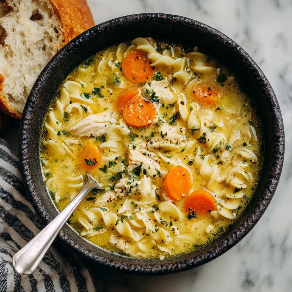 A close-up view of a single-layered creamy chicken noodle soup in a textured dark bowl placed on a white marbled surface. The soup has a thick yellowish broth filled with small curly pasta and chunks of tender white chicken meat. Bright orange carrot slices float on the surface, topped with small bits of crispy brown bacon and sprinkled green herbs, adding color contrast. A silver spoon rests inside the bowl on the left side, with a piece of bread partially visible beside the bowl on a white marbled surface along with a striped cloth. Photo taken with an iphone --ar 4:5 --v 7