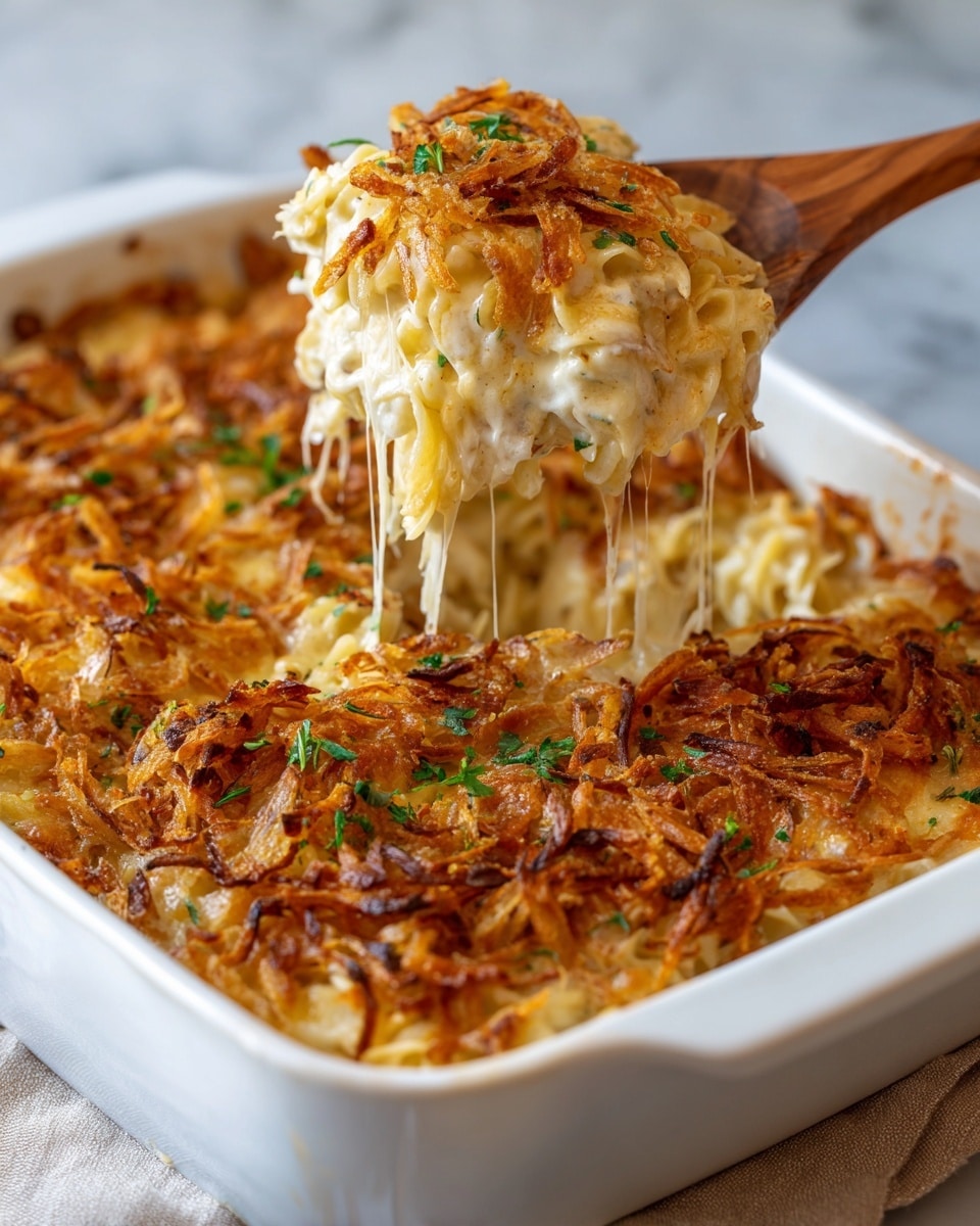 A close-up of a white bowl filled with creamy orzo pasta layered beneath crispy, golden-brown fried onions scattered on top, sprinkled with small, bright green parsley pieces. The orzo is smooth and light beige, coated in a velvety cheese sauce. The fried onions provide a crunchy texture contrast with their dark golden edges and curly shape. The dish sits on a soft white cloth over a white marbled surface. Photo taken with an iphone --ar 4:5 --v 7