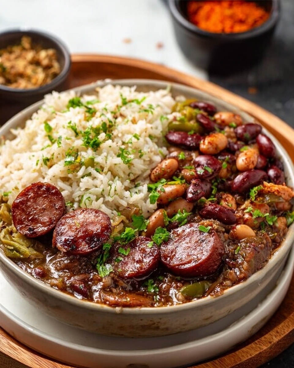 A close-up view of a brown bowl filled with a savory stew featuring reddish-brown beans in a thick, brown gravy, topped with several glossy, dark reddish-brown slices of sausage. There are bits of green herbs and sliced green onions scattered throughout the stew for a fresh contrast. On the left side of the bowl, a portion of white rice with a light yellow tint is placed, mixing slightly with the stew. The bowl is set on a brown cloth on a white marbled surface, with a metal spoon visible at the top right corner. The overall texture is hearty and rich, with a combination of soft beans, tender meat, and crisp sausage edges. photo taken with an iphone --ar 4:5 --v 7