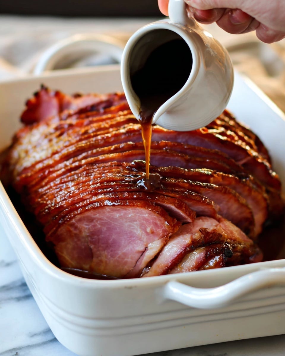A close-up view of a sliced ham placed in a white rectangular ceramic baking dish, showing multiple thick layers of pink and brown meat with a shiny glazed surface. A woman's hand is seen pouring a dark, thick sauce from a small white pitcher over the top, coating the ridged meat layers with a glossy finish. The dish is set against a white marbled textured surface, emphasizing the rich colors and textures of the ham. photo taken with an iphone --ar 4:5 --v 7