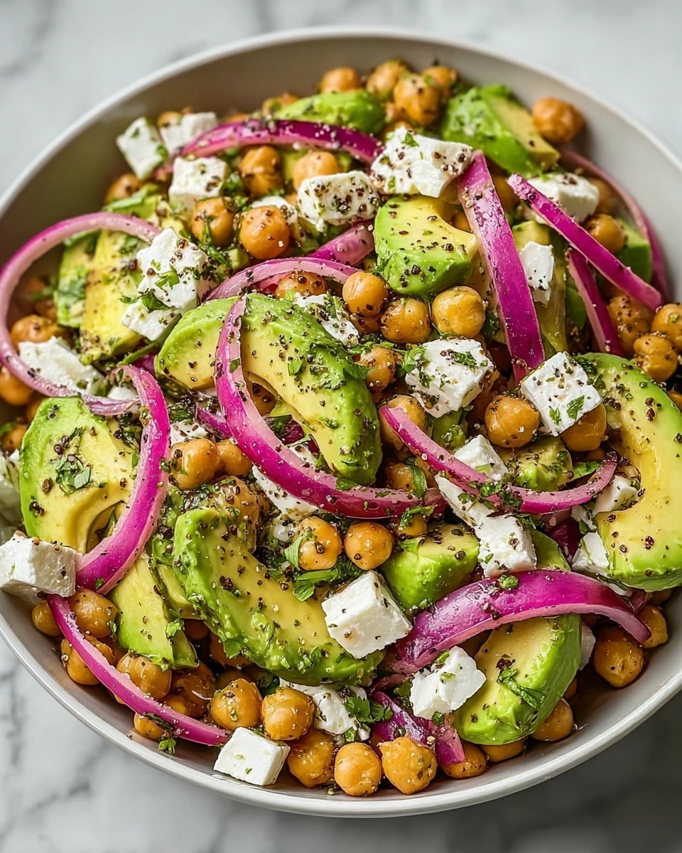 The image shows a white bowl full of a colorful salad with about four main layers visible. The bottom layer has whole light brown chickpeas, round and smooth. On top of them are medium-sized chunks of bright green avocado with a creamy texture. Scattered among these are small white cubes of soft feta cheese. Thin slices of vibrant purple-red onion are spread over the cheese and avocado. The salad is sprinkled with finely chopped green herbs and black pepper, which add texture and color contrast. The entire salad looks fresh and lightly coated with a shiny dressing. The dish is placed on a white marbled surface. photo taken with an iphone --ar 4:5 --v 7