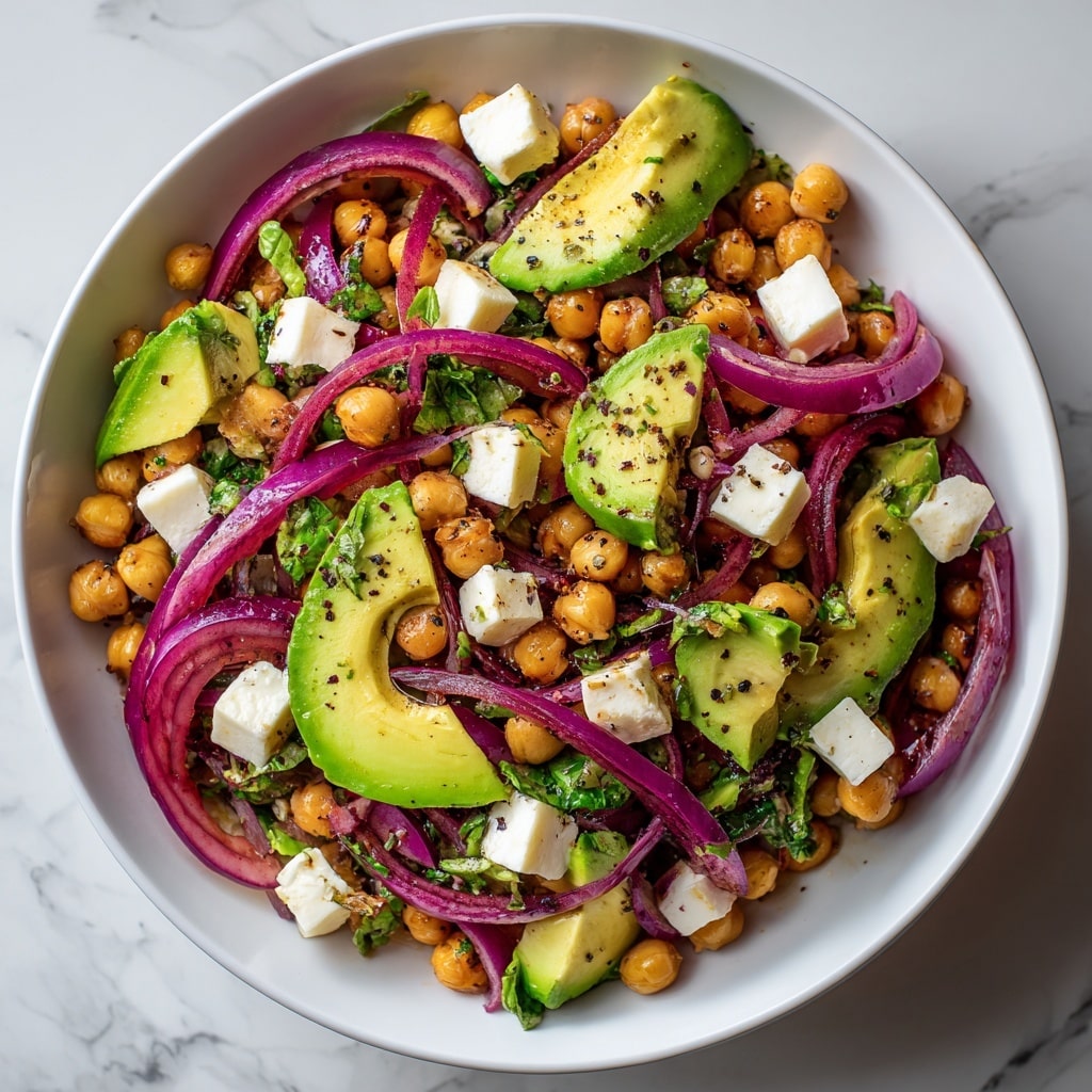 The image shows a colorful salad piled on a white bowl placed on a white marbled surface. The salad has several layers, starting with light brown round chickpeas scattered throughout. On top of them are medium-sized chunks of bright green avocado with a smooth texture. Thin slices of purple-red onion rings are mixed in, curling around the other ingredients. Small white cubes of cheese are spread evenly over the salad. Tiny black seeds and fresh green herb bits are sprinkled all over the dish, adding texture and color contrast. photo taken with an iphone --ar 4:5 --v 7
