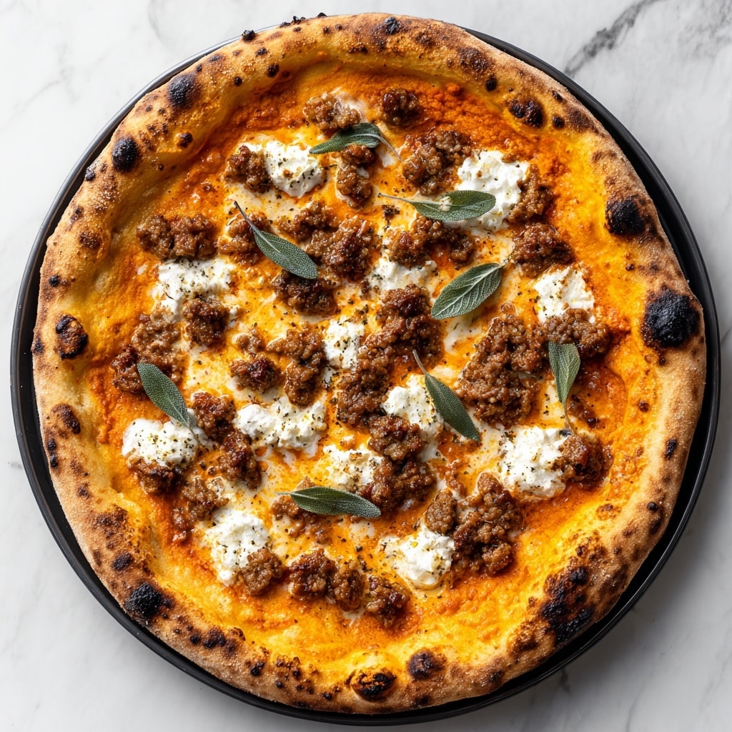 The image shows three small round pizzas with crispy golden-brown crusts, slightly burnt at the edges. Each pizza has a layer of melted cheese that is creamy white with some browned spots, topped with small dollops of white fresh cheese. There are visible pieces of browned sausage spread evenly across the surface. Fresh sage leaves rest on top, adding dark green color with a slightly fuzzy texture. The pizzas are placed on a dark wooden surface, which is changed to a white marbled texture in the description. The lighting highlights the texture of the cheese and crust, making the food look warm and inviting. photo taken with an iphone --ar 4:5 --v 7