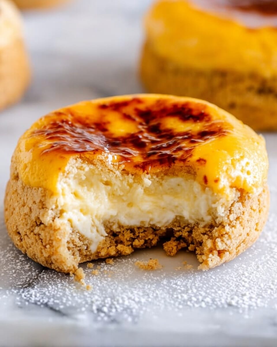 The image shows a close-up of a dessert with two layers. The bottom layer is a cracked, soft cookie with a light brown color and crumbly texture. The top layer is a thick, golden-yellow cream that is being caramelized with a torch, showing a browned and slightly glossy burnt sugar surface with small bubbles. More of these desserts with the same texture and color are blurred in the background, all placed on a white marbled surface. photo taken with an iphone --ar 4:5 --v 7