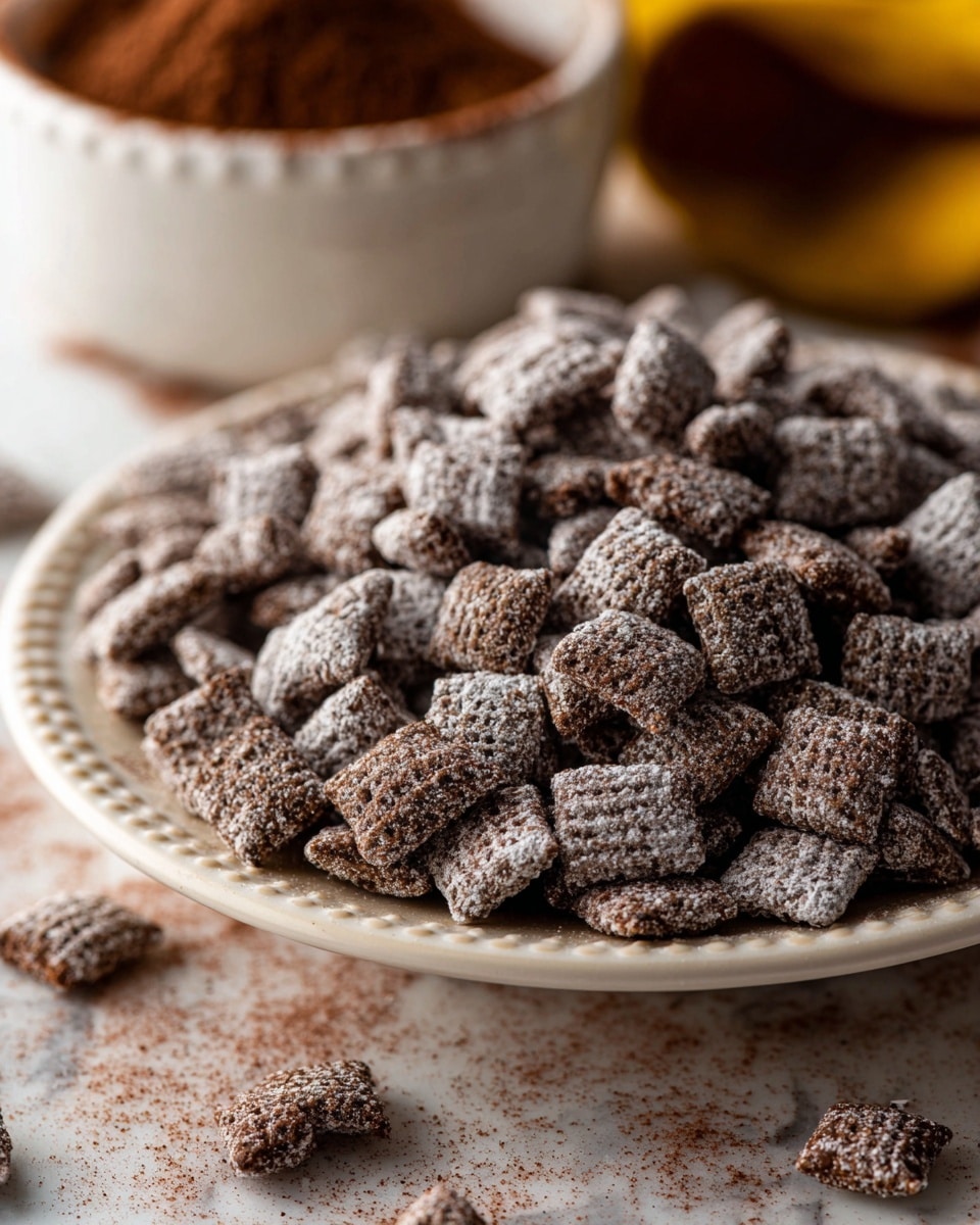 A clear glass bowl filled with two layers of bite-sized cereal pieces, the bottom layer showing pale tan squares and the top layer mostly dark brown squares, contrasting in texture between crispy and crunchy; thick, smooth, dark brown melted chocolate is being poured from a measuring cup, creating glossy swirls on top of the cereal. The background is a white marbled texture. photo taken with an iphone --ar 4:5 --v 7