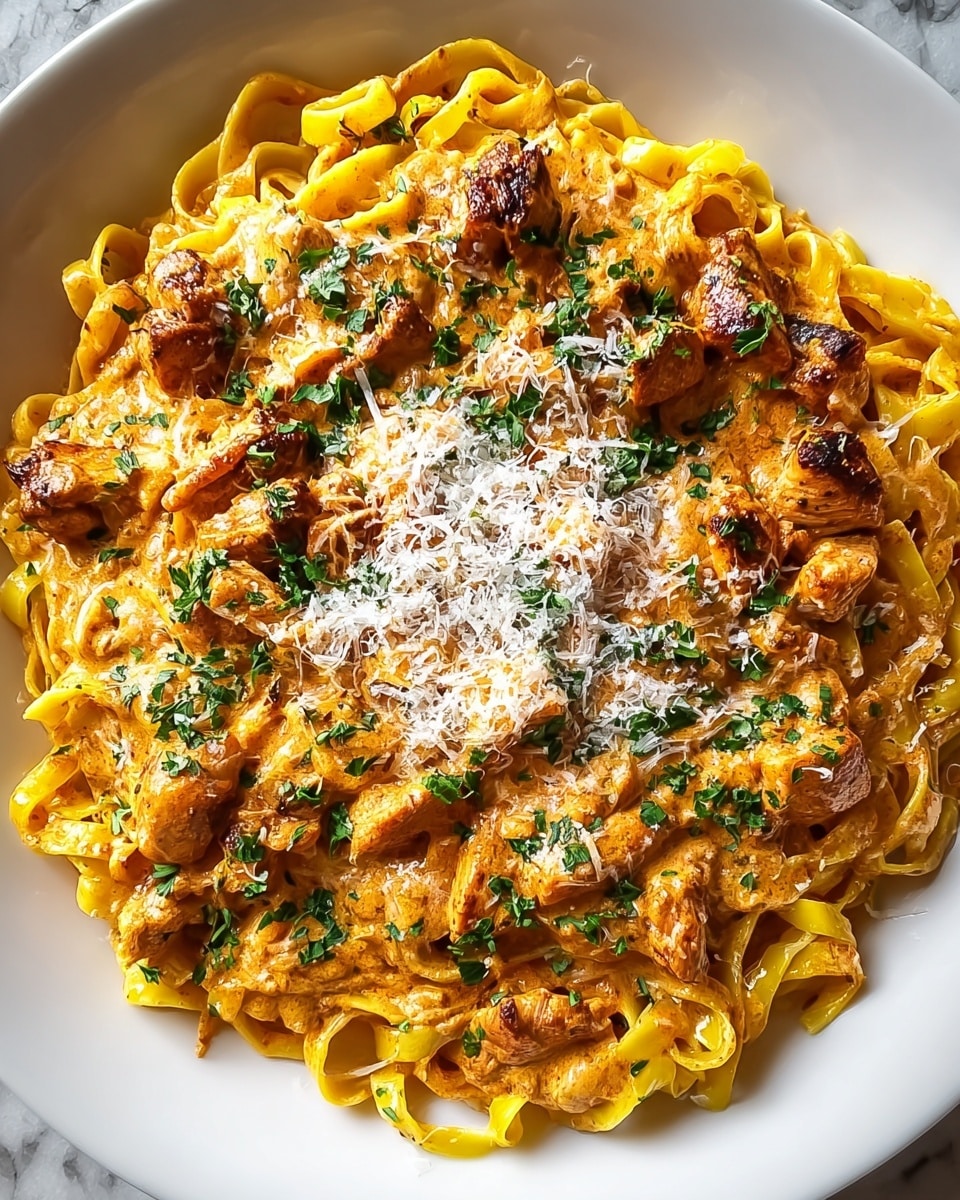 A close-up view of a plate with three main layers: the bottom layer is wide, flat yellow pasta arranged loosely in a round shape; the middle layer is creamy orange sauce with many browned chunks of meat scattered across the pasta; the top layer is green chopped herbs and a light dusting of white grated cheese spread evenly over the dish. The food is served on a white plate placed on a white marbled surface. photo taken with an iphone --ar 4:5 --v 7