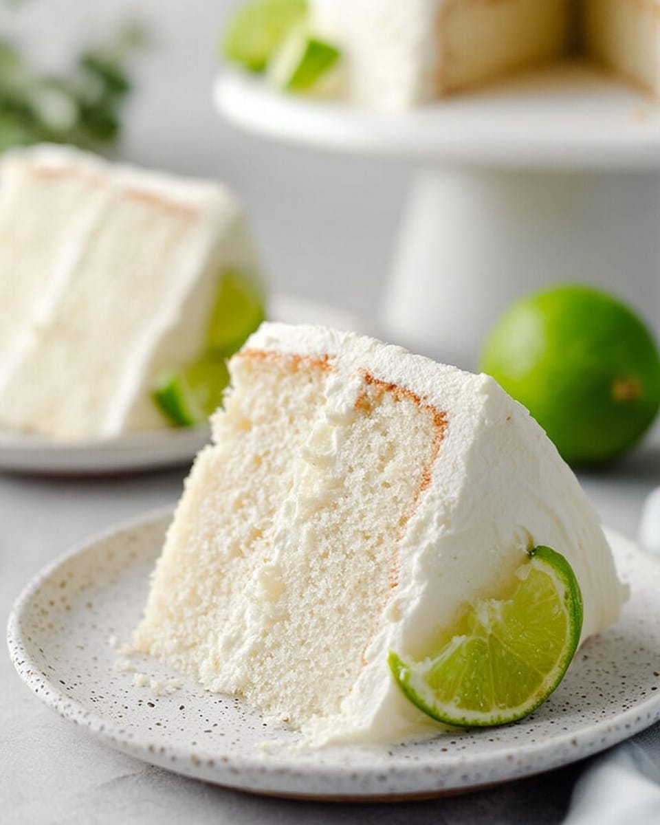The image shows a two-layer white cake with smooth white frosting covering the top and sides. Between the layers, a thin line of frosting is visible. The bottom edge of the cake is decorated with a crumbled brown crumb coating. On top, there are evenly spaced dollops of white whipped cream, each topped with a thin slice of green lime. One slice of cake is being lifted by a gold cake server, showing the soft and fluffy texture of the layers inside. The cake sits on a white marble surface with a gray cloth blurred in the background. Photo taken with an iphone --ar 4:5 --v 7