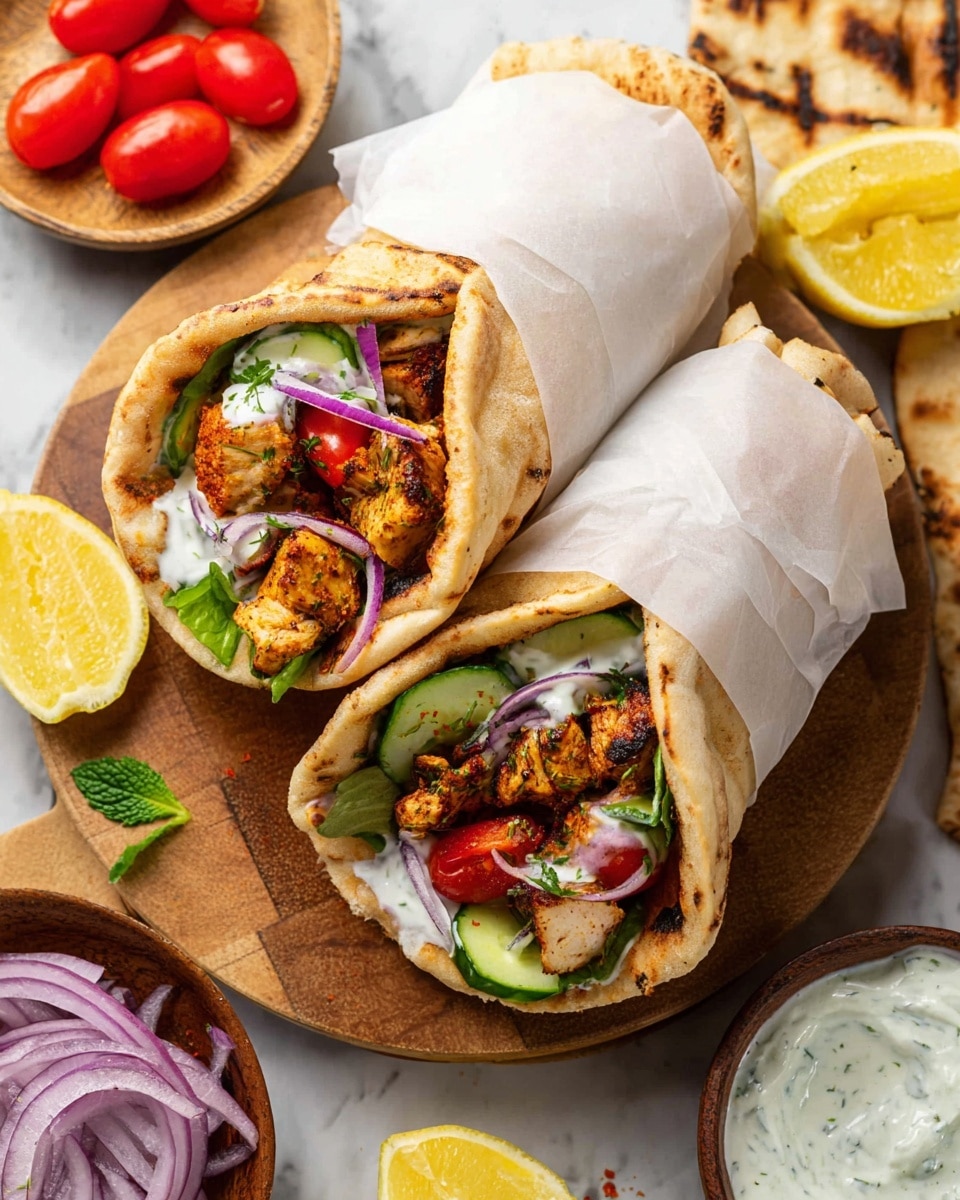 Two pita wraps are placed on a white marbled surface, each wrapped partially in white paper. The warm, slightly toasted pita bread is the outer layer, light brown with some darker toasted spots. Inside, the first visible layer is a creamy white yogurt sauce spread unevenly. Above that, layers of fresh cucumber slices are bright green with a watery texture, next thin slices of red onion add a thin purple color, and red cherry tomato halves bring a juicy, glossy look. The main filling consists of chunky grilled chicken pieces, golden-brown with some blackened char marks for a smoky look. The wraps sit on a round wooden board surrounded by small bowls of sliced red onions, white tzatziki sauce with green herbs, whole ripe red cherry tomatoes, and lemon wedges at the bottom. photo taken with an iphone --ar 4:5 --v 7