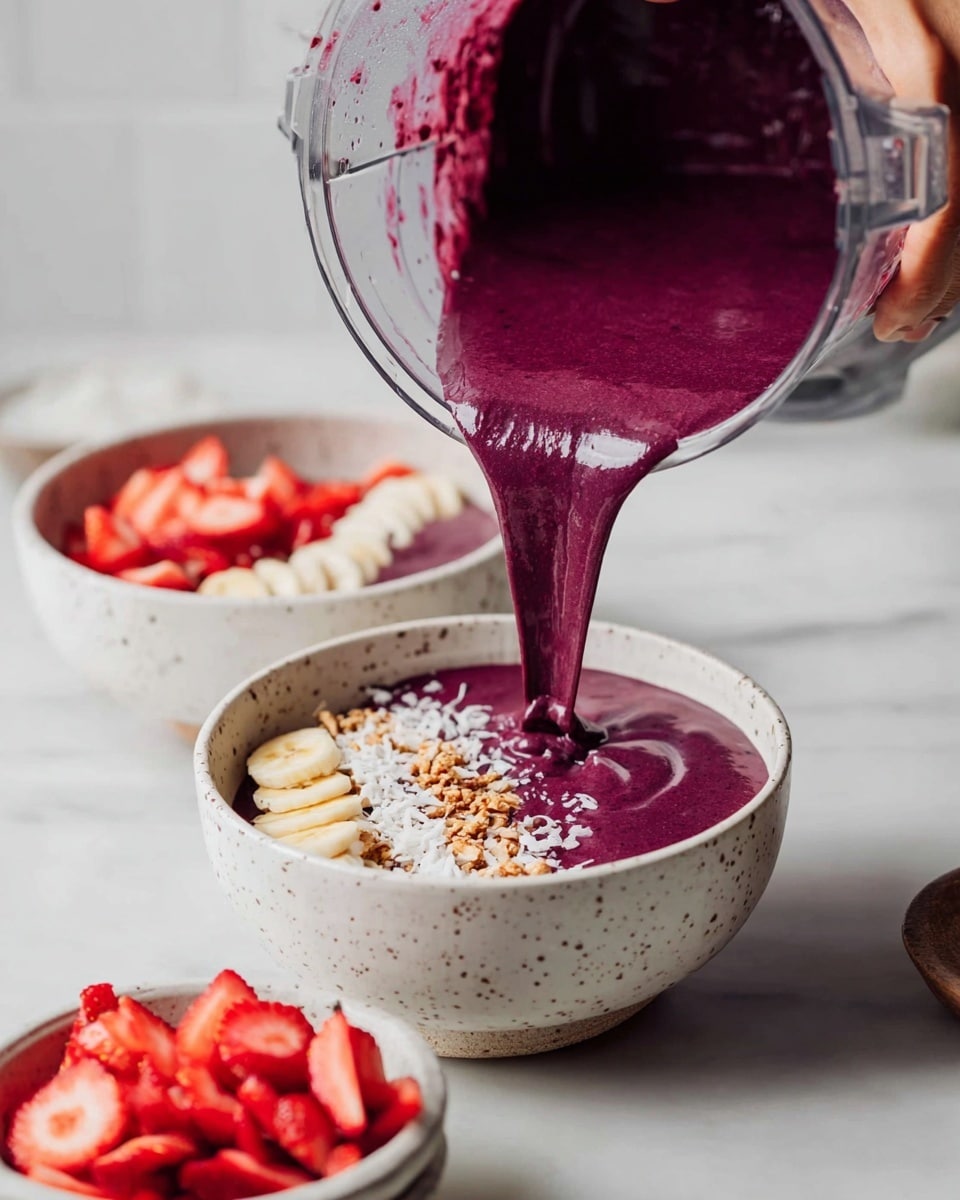A white bowl holds a thick, smooth dark purple smoothie base spread evenly as the first layer. On top, from left to right, there are three layers of sliced pale yellow banana, two red strawberry halves with green tops, a cluster of round, plump dark blue blueberries, two slices of bright green kiwi, a sprinkling of light brown granola with oats and seeds, and a pile of white coconut flakes. The bowl sits on a white marbled surface with scattered granola and strawberries around. photo taken with an iphone --ar 4:5 --v 7