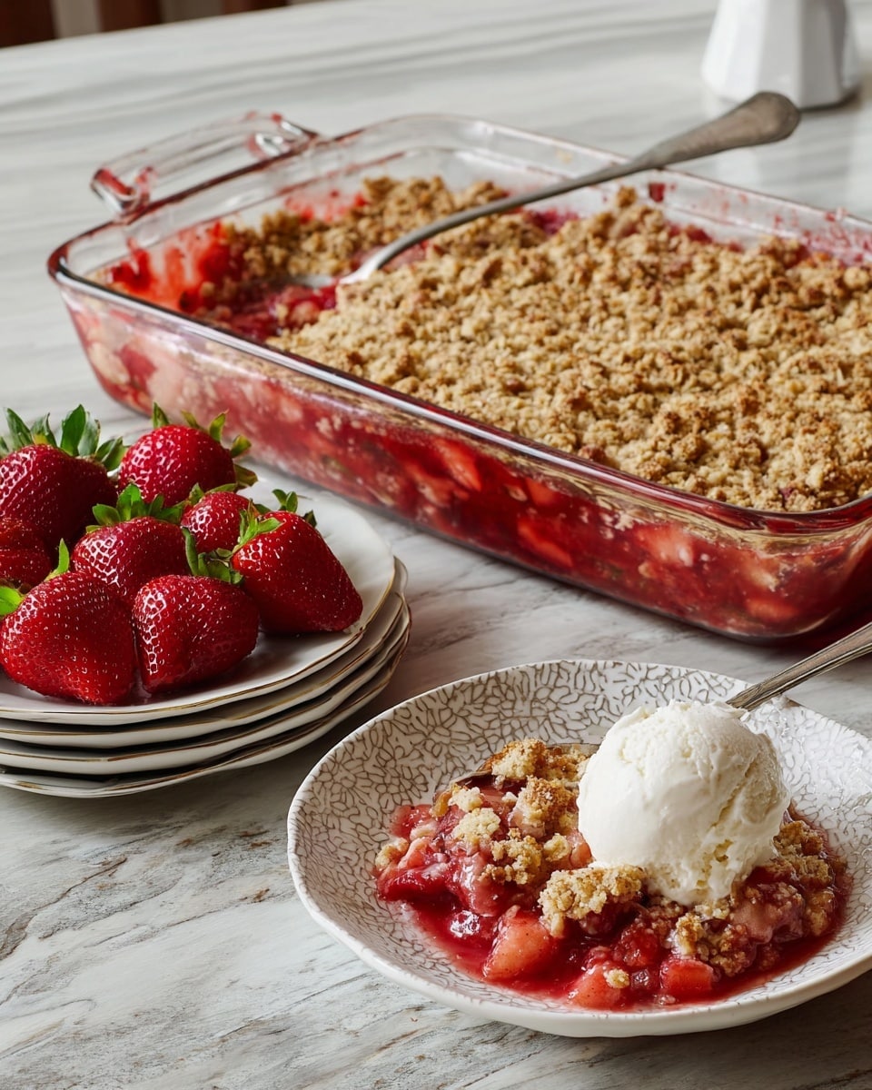 A clear glass baking dish with handles holds a three-layered strawberry crumble dessert. The bottom layer is bright red cooked strawberries with visible chunks and bubbling juices. The middle layer is a thick, golden-brown crumb topping that looks crunchy with bits of oats and sugar. At the front, a white patterned bowl sits on a white marbled surface, filled with a serving of the strawberry crumble showing the three layers clearly. On top of the crumble in the bowl, there is a scoop of white vanilla ice cream. To the left of the bowl, a white plate holds several fresh, bright red strawberries with green leaves, arranged neatly. Photo taken with an iphone --ar 4:5 --v 7