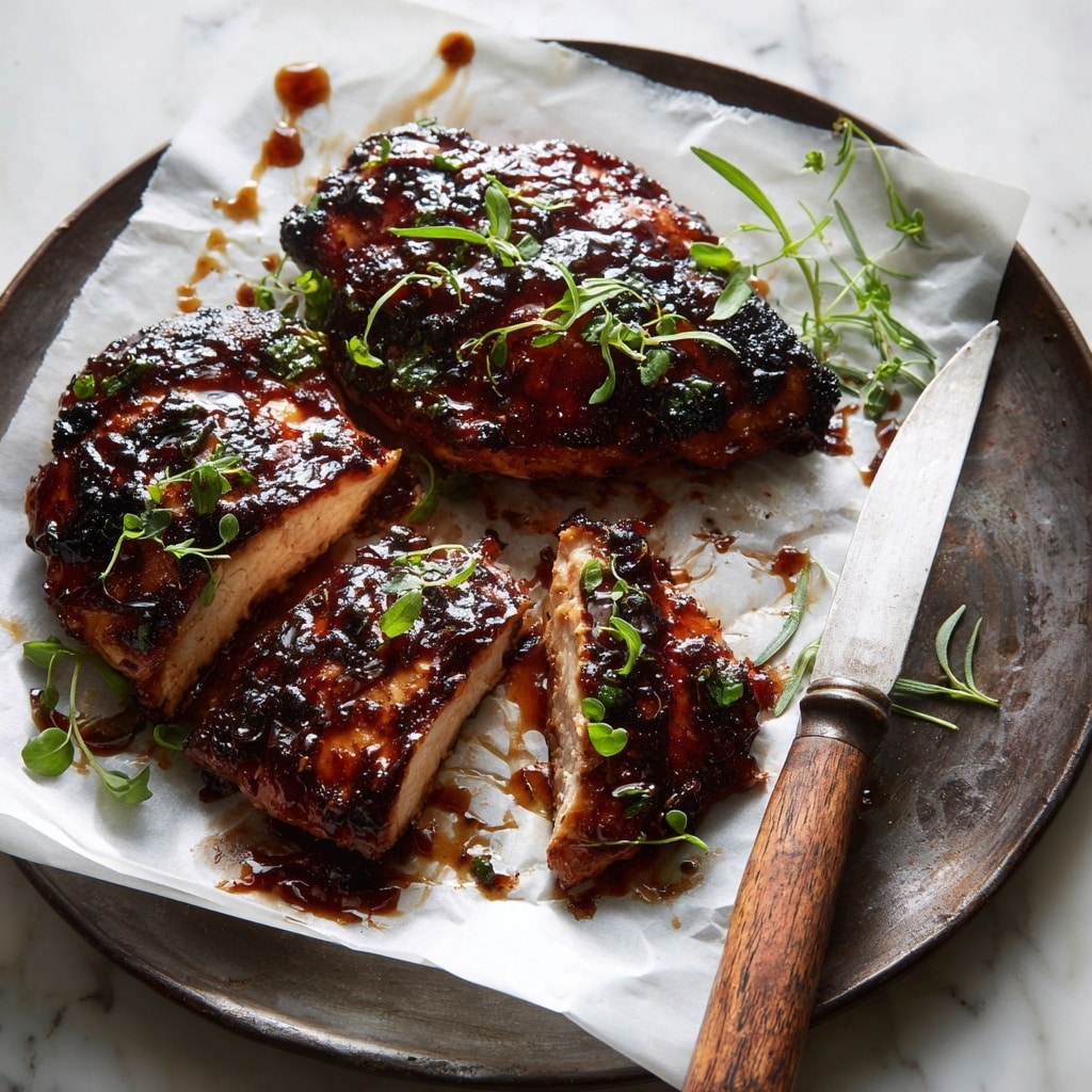 The image shows a white rectangular baking dish filled with four pieces of baked chicken breasts covered in a dark, glossy sauce, with small bits of herbs visible on the surface. The chicken is a rich brown color from being cooked in the sauce, and fresh green rosemary sprigs are placed on top of some pieces for garnish. A metal spoon is resting inside the dish on the right side. In the background, there are white plates stacked with forks on top and a white cloth napkin, all set on a white marbled surface. Photo taken with an iphone --ar 4:5 --v 7