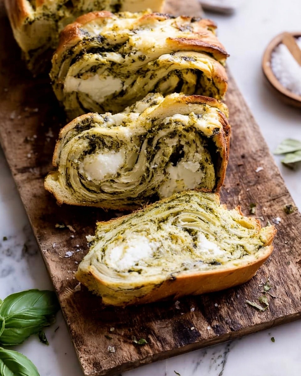 A braided loaf of bread is shown resting on a wooden cutting board with a white marbled surface underneath. The bread has many twisted layers of light golden dough mixed with dark green herb filling creating a marbled effect throughout. Two thick slices are cut from the loaf, revealing the same green herb swirls inside. One of the slices has a white spread on it. Fresh green herbs are scattered around the bread and cutting board, adding color and texture. A beige cloth with black stripes is partially visible in the top left corner. Photo taken with an iphone --ar 4:5 --v 7