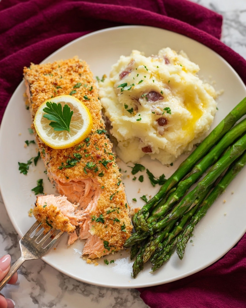 The image shows a white plate with three main parts: a golden-brown crusted salmon fillet on the left with a lemon slice and green parsley leaf on top, a mound of creamy mashed potatoes with bits of red skin and a dollop of melted butter in the center back, and bright green steamed asparagus spears neatly placed on the right side. The salmon's crust looks crunchy with visible herbs and crumbs, and a woman's hand is holding a fork with a small piece of salmon in the front left of the plate. The plate sits on a white marbled surface with a deep red cloth partially visible underneath. Photo taken with an iphone --ar 4:5 --v 7