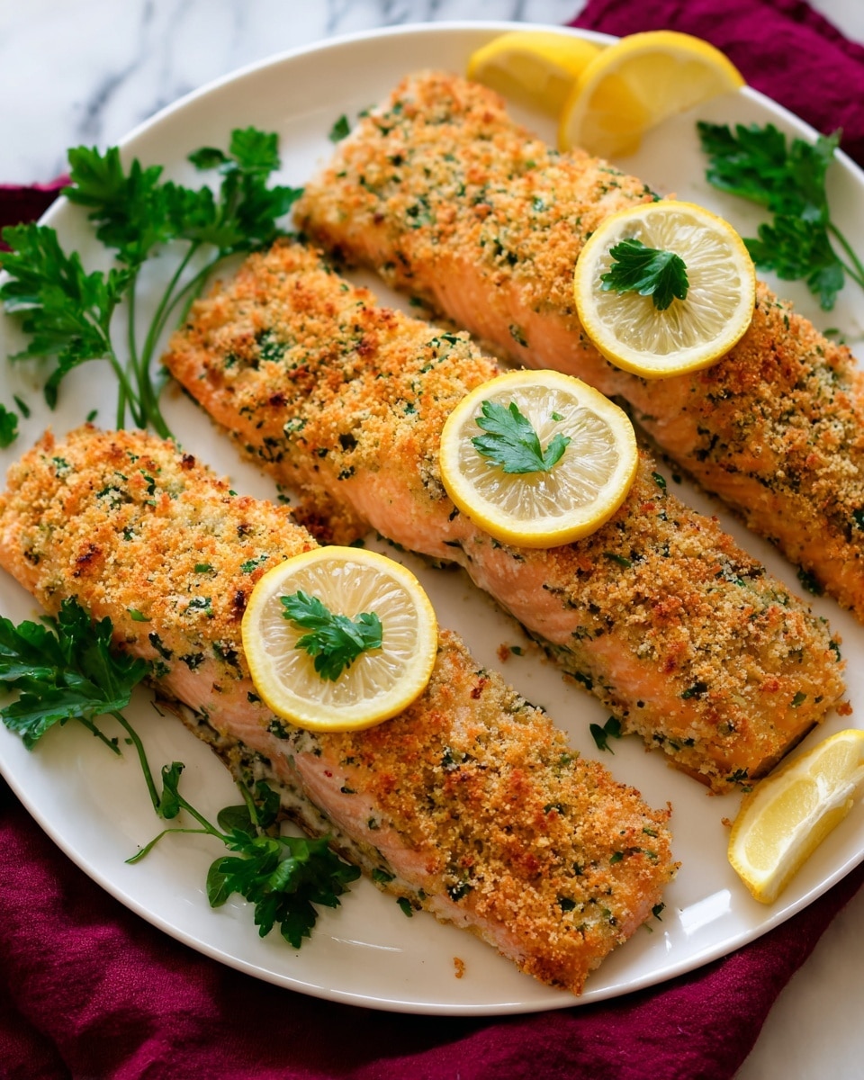 Four pieces of breaded baked salmon fillets lie side by side on a white plate. Each fillet is coated with a golden brown crumb mixture with visible green herb flakes, giving a crispy texture. On top of each fillet rests a thin lemon slice with a small green parsley leaf. To the left of the salmon fillets, fresh green parsley sprigs add a pop of color. The plate sits on a white marbled surface with a folded deep red cloth partially visible under the plate. The bright colors and textures make the dish look fresh and inviting. photo taken with an iphone --ar 4:5 --v 7