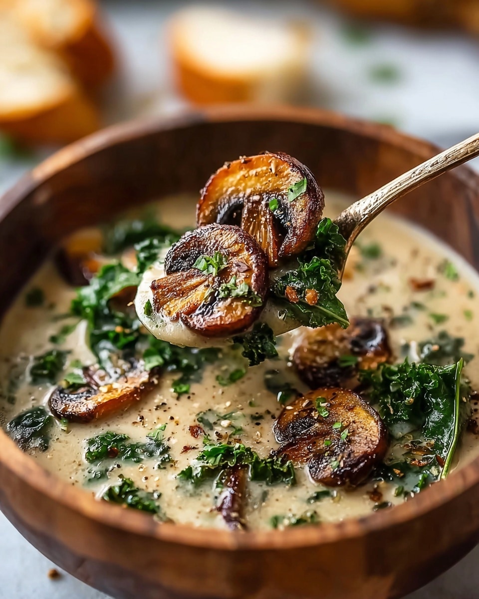A close-up image of creamy mushroom soup served in a wooden bowl, placed on a white marbled surface. The soup has a rich, light beige color with visible pieces of dark brown sautéed mushrooms and vibrant green kale leaves mixed throughout. The spoon lifted above the bowl holds several slices of well-cooked mushrooms with a slightly crispy texture and browned edges, along with some wilted kale leaves and bits of finely chopped herbs. The soup appears thick and smooth, with small specks of black pepper sprinkled on top. In the blurred background, there are pieces of crusty bread. Photo taken with an iphone --ar 4:5 --v 7