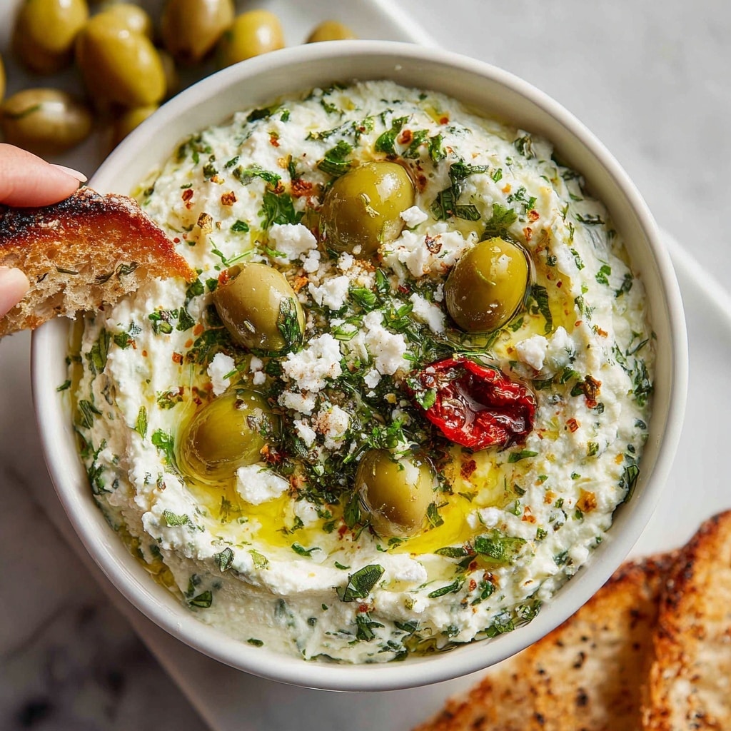 A clear glass jar filled with a creamy, thick dip that has a white base mixed with small green herbs and bits of red sun-dried tomatoes throughout. The top layer is garnished with a whole green olive, more chopped herbs, and a drizzle of olive oil adding a shiny texture. A white cracker is dipped into the jar, held by a woman's hand from the top left corner. The background is softly blurry with warm yellow-green bokeh lights, and the surface beneath the jar is a white marbled texture. Photo taken with an iphone --ar 4:5 --v 7