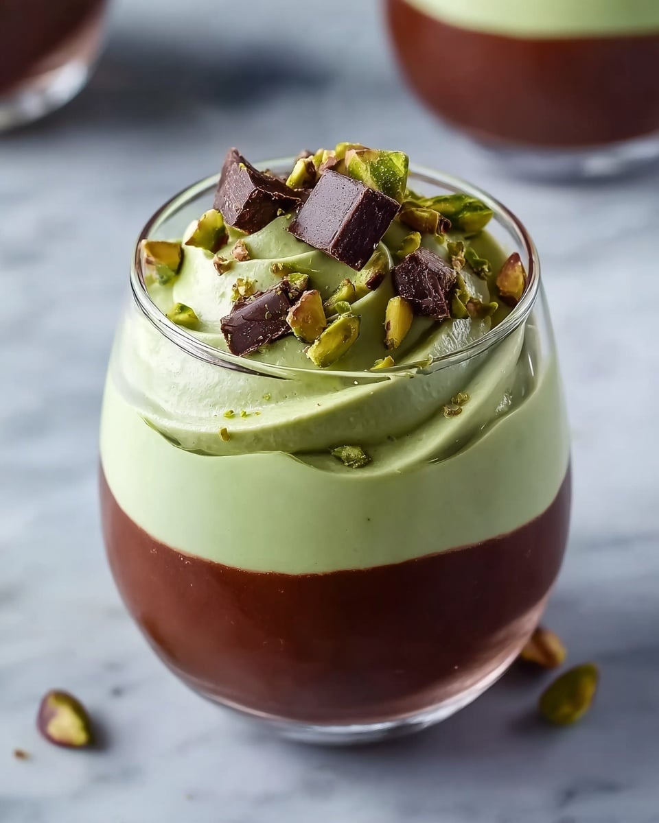 The image shows a clear glass filled with two layers. The bottom layer is thick and dark brown, looking smooth and rich like chocolate pudding. On top is a thick pale green layer of cream, swirled with a soft, airy texture. The green cream is decorated with small pieces of chopped nuts and chunks of dark chocolate scattered on top. The glass is placed on a white marbled surface, and the background is softly blurred showing more similar glasses. Photo taken with an iphone --ar 4:5 --v 7