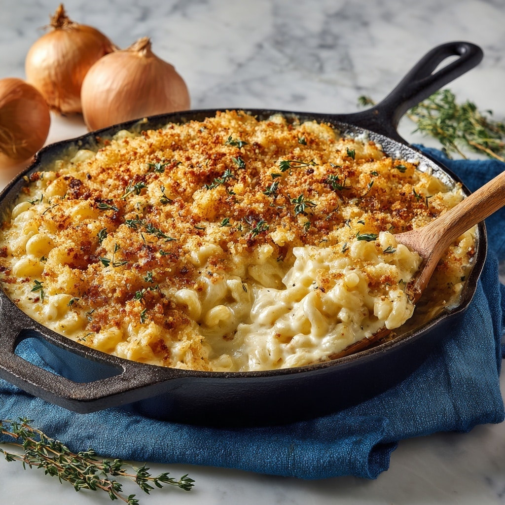 A cast iron skillet filled with baked macaroni and cheese, topped with a golden brown, crumbly breadcrumb crust. The cheese underneath is creamy and lightly bubbling, visible where a wooden spoon has scooped out a portion from the lower right side of the skillet. The skillet rests on a blue cloth with two whole onions and a sprig of thyme placed beside it on a white marbled surface. Photo taken with an iphone --ar 4:5 --v 7
