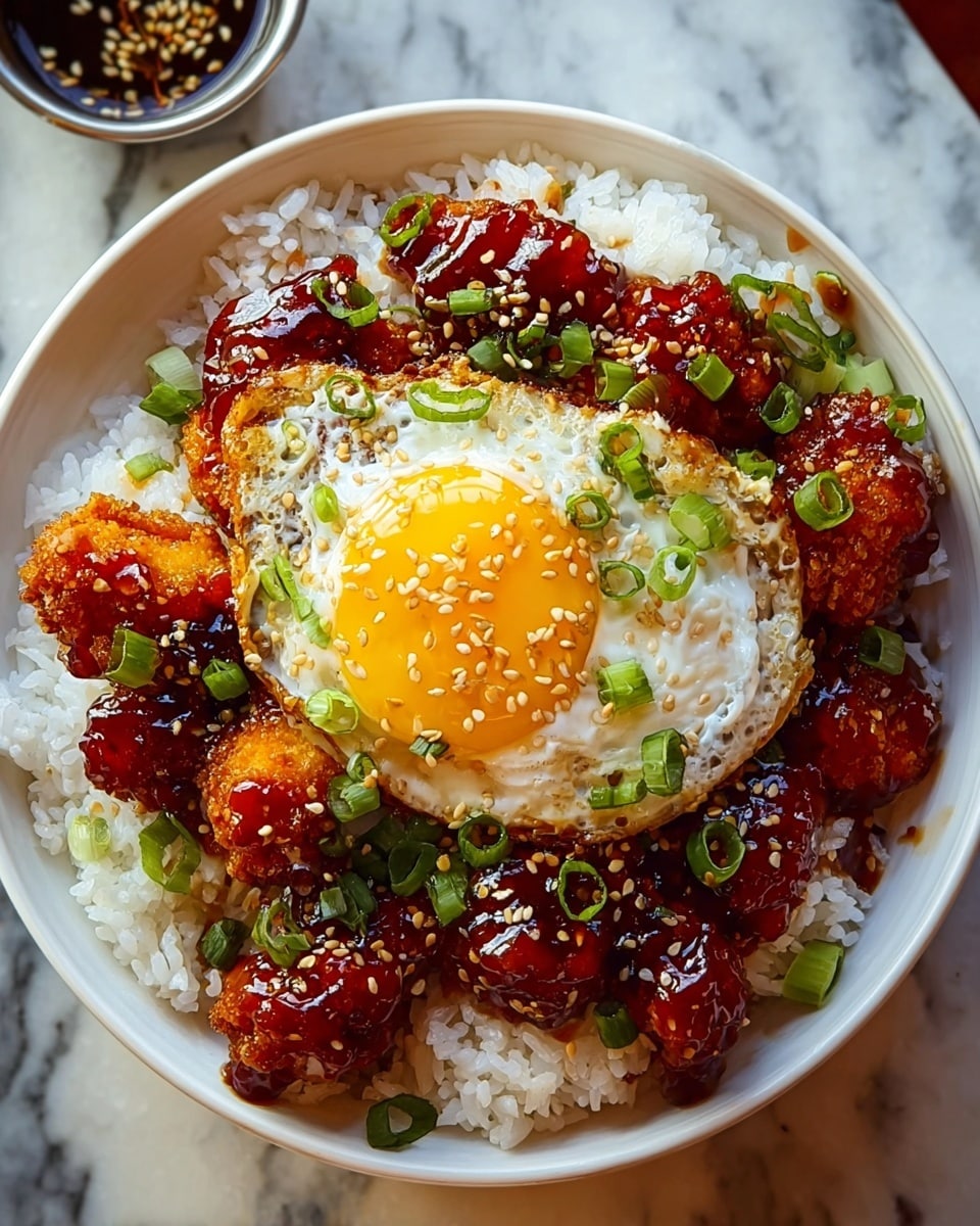 A white bowl filled with a base layer of fluffy white rice, topped with crispy golden-brown fried chicken pieces coated in a thick, shiny dark red sauce. On top of the chicken sits a sunny-side-up egg with a bright yellow yolk and slightly browned, crispy edges. The dish is garnished with chopped green onions and sprinkled sesame seeds all over. The bowl is placed on a white marbled surface, a small cup with a dark sauce and sesame seeds is partially visible near the top. photo taken with an iphone --ar 4:5 --v 7