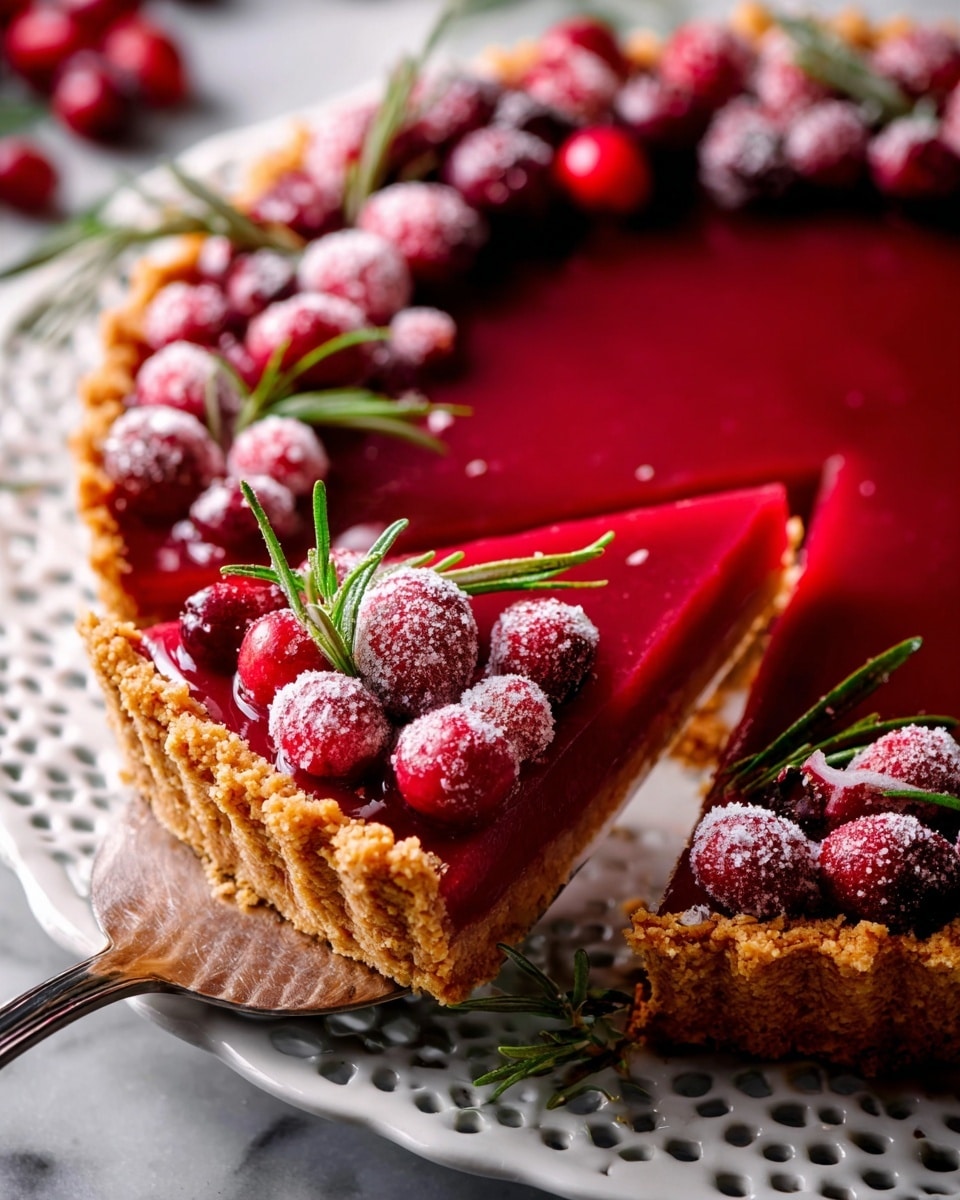 A round tart sits on a white plate with green and gold dotted edges. The tart has a crumbly brown crust forming the bottom and sides. Inside, a smooth, bright red filling fills the tart and has a slightly shiny surface. On top, a ring of fresh cranberries, some covered in a light layer of frost, circles the edge, decorated with small green rosemary sprigs placed evenly throughout. Around the tart, a few loose cranberries and sprigs of rosemary rest on a white marbled surface. Nearby, a small white bowl filled with frosted cranberries and a white plate with a fork and knife are visible, along with a green cloth to the side. photo taken with an iphone --ar 4:5 --v 7