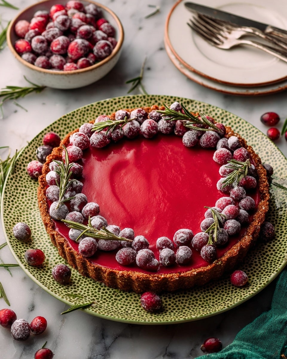 A tart with three layers visible: a golden brown crumbly crust on the bottom forming the base and edges, a smooth and glossy deep red filling in the middle layer spread evenly and shiny, topped with a decorative layer of fresh red cranberries and sugar-coated cranberries, interspersed with small sprigs of green rosemary all around the edge; one slice is partially lifted on a silver spatula, revealing the thickness and clean cut of the tart. The tart is on a white plate with a delicate perforated rim, against a white marbled texture. Photo taken with an iphone --ar 4:5 --v 7