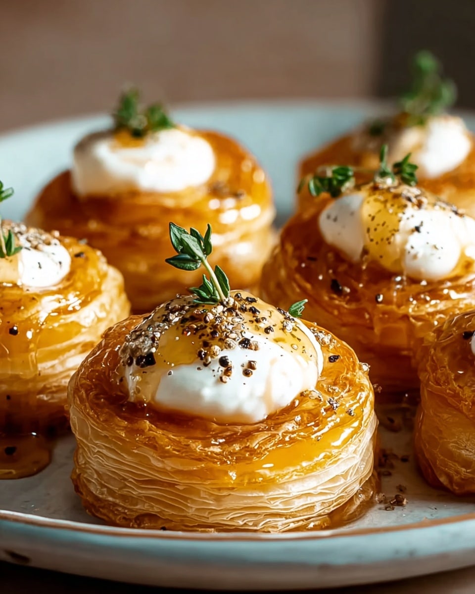 A close-up of several round, golden brown puff pastry stacks arranged on a white plate with a light blue rim, each stack showing many thin flaky layers. On top of each pastry stack is a dollop of smooth, white cream cheese, drizzled with a shiny golden honey glaze. Small green sprigs of thyme and a sprinkle of black pepper and sea salt crystals adorn the cream cheese, adding a fresh and textured look. The pastries sit on a white marbled surface with soft, warm lighting that highlights the crisp and glossy textures. Photo taken with an iphone --ar 4:5 --v 7