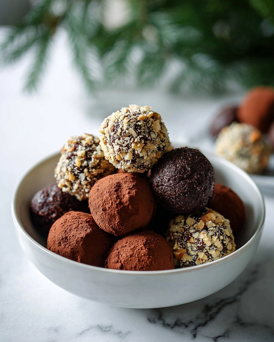 A white bowl filled with round chocolate truffles, stacked in two layers; the bottom layer has dark brown truffles coated in cocoa powder with a rough texture, while the top layer has darker truffles covered with a textured mix of crushed nuts in light beige and brown tones. The bowl is placed on a white marbled surface, with a blurred green leafy element in the background. photo taken with an iphone --ar 4:5 --v 7
