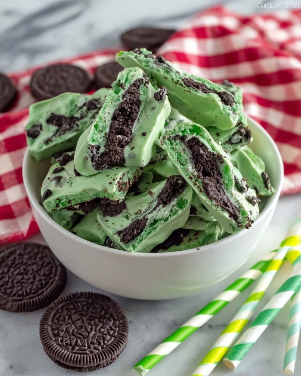 A white bowl filled with pieces of green mint-flavored bark layered with dark chocolate cookie chunks. The bark pieces have a creamy, smooth green layer broken into irregular shapes, with the dark chocolate cookie pieces clearly visible embedded throughout. Around the bowl are whole dark chocolate sandwich cookies and two striped straws in green, yellow, and white leaning against the bowl. All of this is set on a white marbled surface with a red and white checkered cloth in the background. Photo taken with an iphone --ar 4:5 --v 7