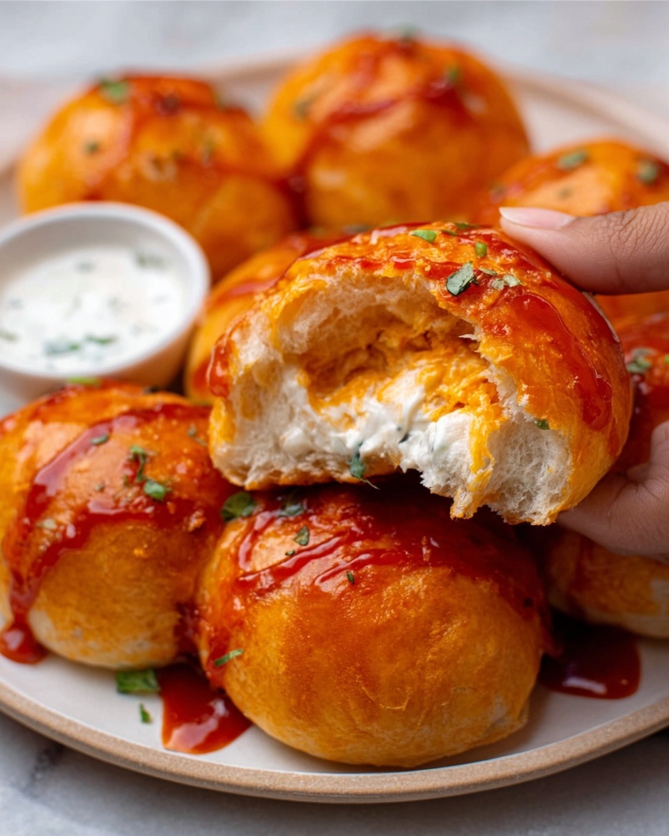 The image shows four golden brown, round, stuffed bread pieces placed closely together on a white tray lined with parchment paper. Each bread has a crisscross pattern on top with a slightly shiny, glazed surface, and a few small green herbs sprinkled over them. A small white bowl filled with white creamy dipping sauce is positioned at the top right corner of the tray. The tray rests on a white marbled surface. The photo gives a warm, inviting look with good lighting highlighting the bread’s texture and sauce gloss. photo taken with an iphone --ar 4:5 --v 7