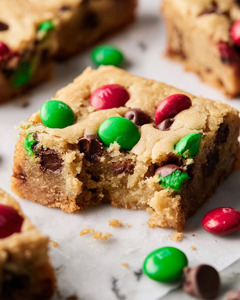 The image shows a batch of blondies cut into 16 square pieces, laid out on white parchment paper over a white marbled surface. Each blondie has a golden brown top layer with red and green candy-coated chocolates and dark chocolate chips spread evenly across the surface. The blondies are thick, with a soft and slightly crumbly texture visible on the edges and tops. Scattered around some pieces are red and green candy pieces, and in the lower right corner, there is a glittery Christmas ornament with green and red stripes, adding a festive touch. photo taken with an iphone --ar 4:5 --v 7