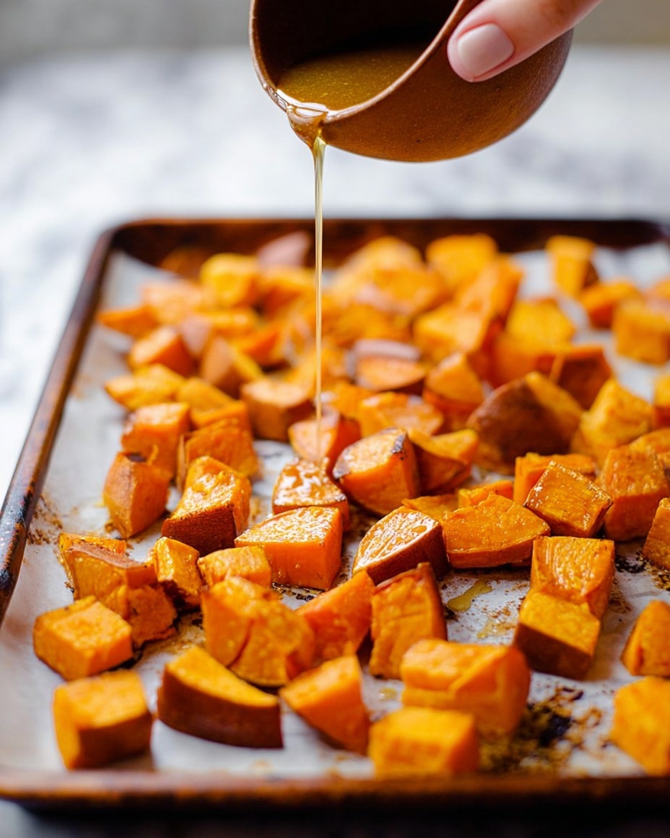 A round gold-colored plate holds roasted sweet potato pieces and pecans mixed together, each sweet potato piece showing a caramelized orange and brown color with soft, slightly crispy edges, and pecans scattered evenly throughout, their brown ridged texture visible. On the left side of the plate, there are two sprigs of fresh green rosemary. A silver spoon with a blue floral handle rests on the right edge of the plate. Nearby, on the white marbled surface, there is a small wooden bowl filled with pecans and a small glass jar of amber-colored syrup. A white cloth with decorative edges is placed under the plate, adding softness to the scene. Photo taken with an iphone --ar 4:5 --v 7