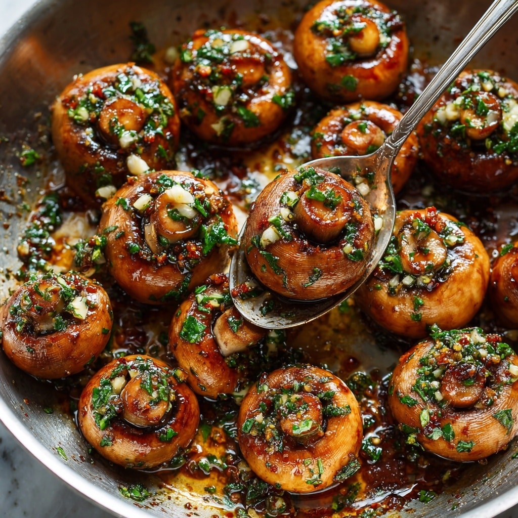 A white bowl filled with cooked mushrooms that have a rich brown color and a shiny glaze, topped with light green chopped herbs and sprinkled with white sesame seeds. The mushrooms are placed close together, showing their round caps and some lighter-colored gills. The background shows a white marbled texture surface. A woman's hand is holding a small wooden bowl of more chopped herbs on the side. photo taken with an iphone --ar 4:5 --v 7