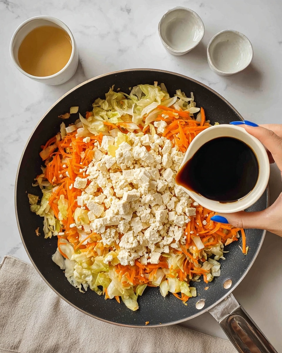A black frying pan with a silver rim shows sautéed shredded carrot and chopped light yellow cabbage as the bottom layer, topped with crumbled white tofu in the center. A woman's hand with blue-painted nails holds a small, white cup pouring dark brown sauce over the tofu. Two empty small white dishes are placed on the side on a white marbled surface with a folded cloth napkin underneath the pan. photo taken with an iphone --ar 4:5 --v 7