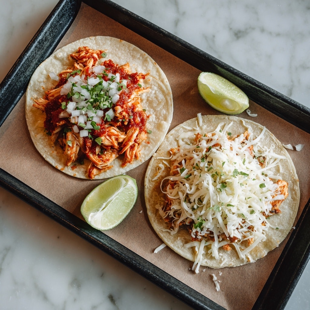 Four crispy tacos arranged on a dark tray with a white marbled texture underneath. Each taco shell is golden brown and slightly folded, showing fillings of melted cheese and cooked vegetables that are orange and dark green in color. On top of every taco, there is a small heap of fresh shredded bright green lettuce. Around the tacos, there are lime wedges and a splash of green sauce near a white spoon, which has some green sauce dripping off it. The taco shells have a light sprinkle of coarse white salt. Photo taken with an iphone --ar 4:5 --v 7