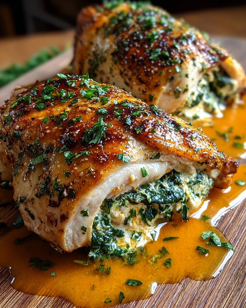 Two golden brown chicken rolls are placed on a white speckled plate on a white marbled surface, each one stuffed with creamy white cheese mixed with chopped green herbs inside. The chicken skin shows a shiny, crispy texture with caramelized spots and black pepper specks on top. Around the rolls, there are small green herb leaves scattered and a light drizzle of golden oil pools beneath them, adding a moist shine. In the background, a small bunch of fresh green leaves lays blurred, creating a soft green contrast against the warm tones of the chicken. photo taken with an iphone --ar 4:5 --v 7