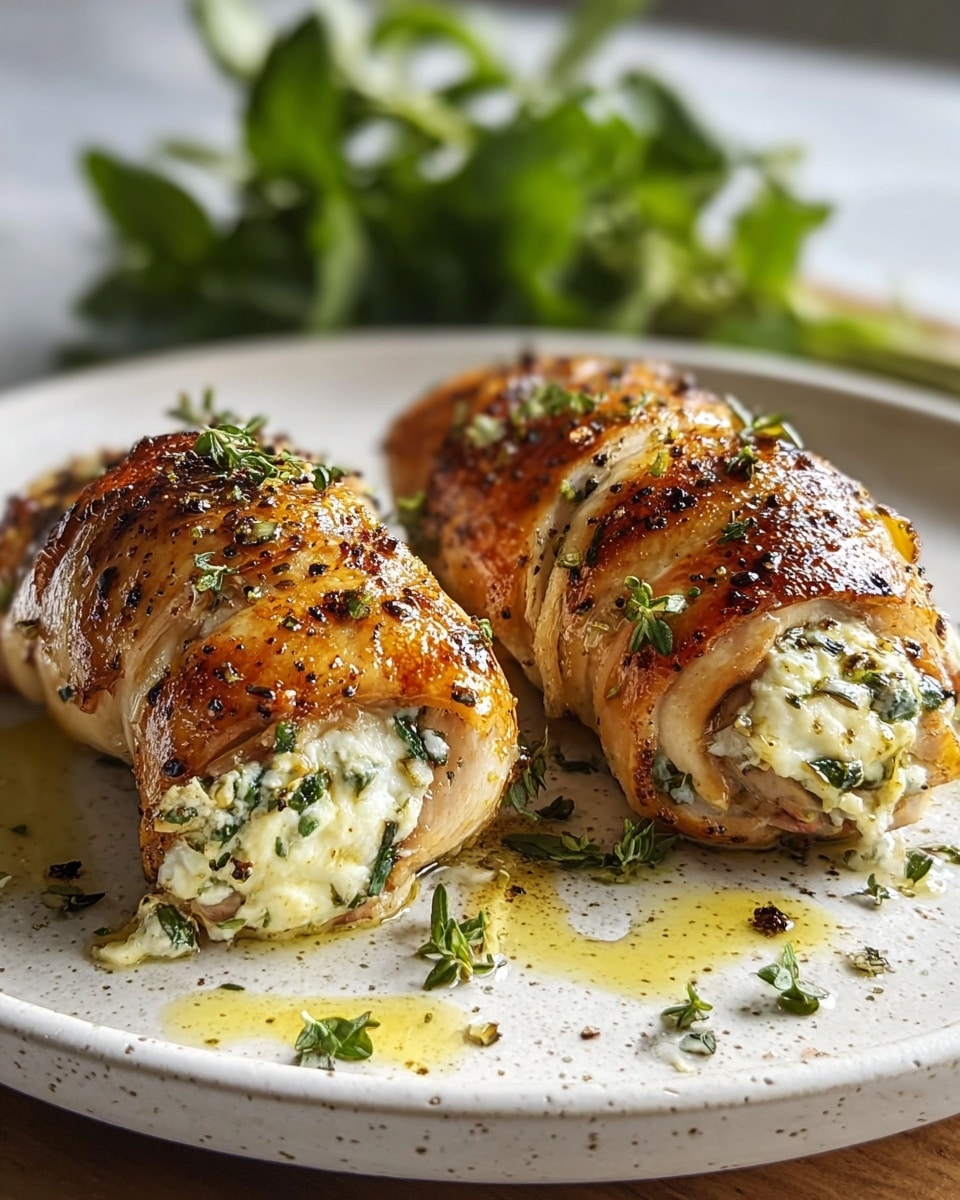 Two golden brown stuffed chicken roulades sit side by side on a wooden board, each with a crispy, seasoned outer layer sprinkled with finely chopped green herbs. The roulades are filled with a creamy white mixture blended with vibrant green leafy herbs, some of which peek out from the edges of the chicken roll. A rich, glossy orange-brown sauce pools and spreads slightly under and around the roulades, with scattered bits of chopped herbs on the sauce surface. The close-up shot captures the texture and moisture of the dish, with the wooden board adding warmth against a blurred background. photo taken with an iphone --ar 4:5 --v 7