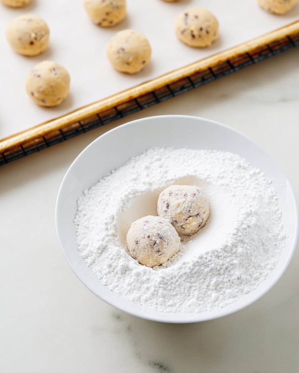 A bowl lined with crinkled light brown parchment paper holds many round, light beige cookie balls covered with a dusting of white powdered sugar. One cookie ball is halved and placed on top in the center, showing a soft interior speckled with small dark brown pecan pieces. The bowl rests on a white marbled surface, with blurred objects including a small bowl of pecans and stacked white plates in the soft background. photo taken with an iphone --ar 4:5 --v 7