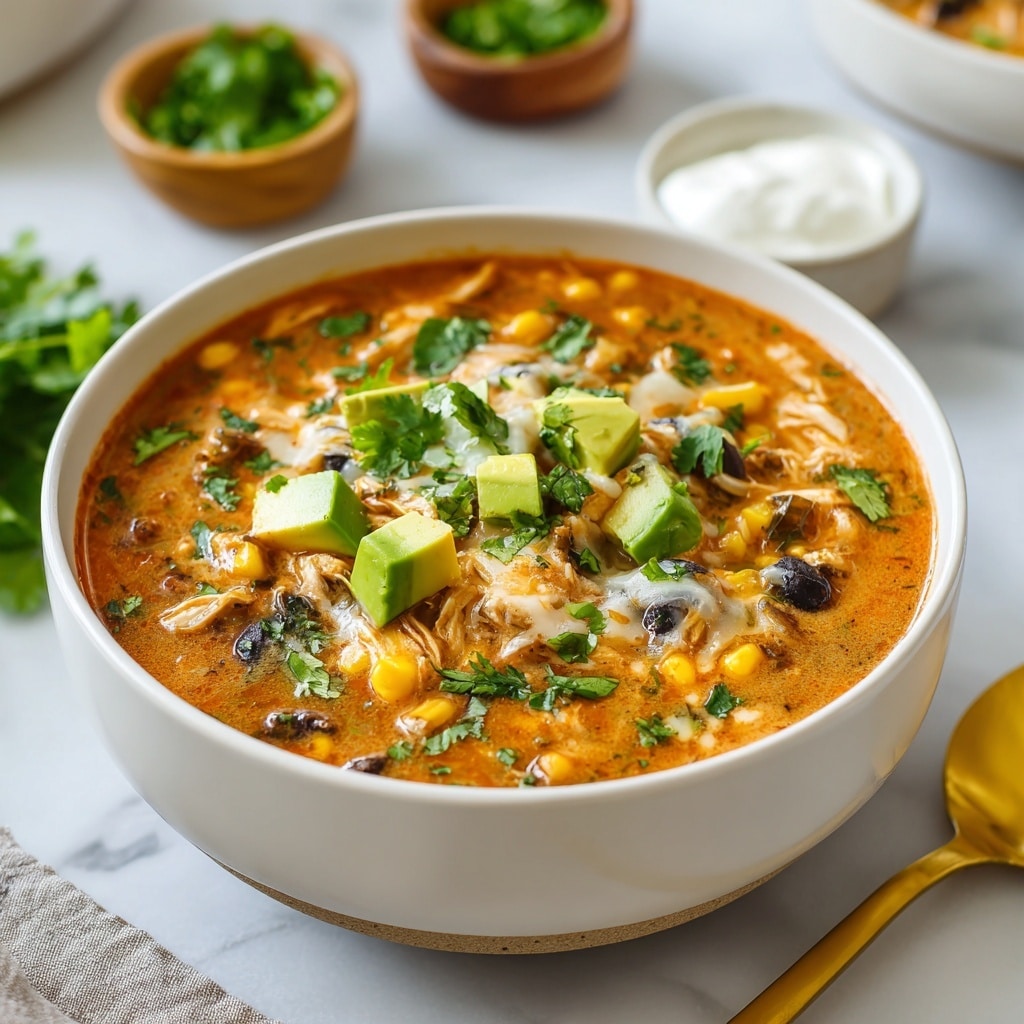 The image shows a white bowl filled with a rich, chunky soup. The soup has a deep reddish-brown broth with visible pieces of chicken, green and black olives, corn kernels, and patches of melted cheese on top. There are fresh green cilantro leaves sprinkled over the soup, along with small cubes of bright green avocado. The bowl is placed on a white marbled surface with a golden spoon resting to the right. In the background, there are other white bowls containing garnishes like chopped fresh herbs and sour cream. Photo taken with an iphone --ar 4:5 --v 7