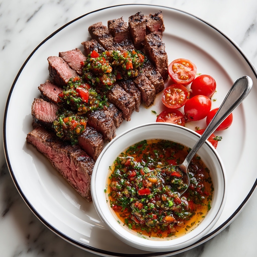 A white plate with a black rim holds sliced grilled steak arranged in a fan shape. The steak pieces are medium rare with a pink center and brown edges. On top of some steak slices, there are three dollops of chunky red and green salsa made of finely chopped herbs and red peppers. To the side of the steak, there are five small red cherry tomatoes, some cut in half showing their juicy inside. A matching white bowl with a black rim sits on the plate, filled with the same salsa, which looks wet with flecks of green herbs and red peppers. A silver spoon rests inside the bowl partially submerged in the salsa. The plate is placed on a surface with a white marbled texture. photo taken with an iphone --ar 4:5 --v 7