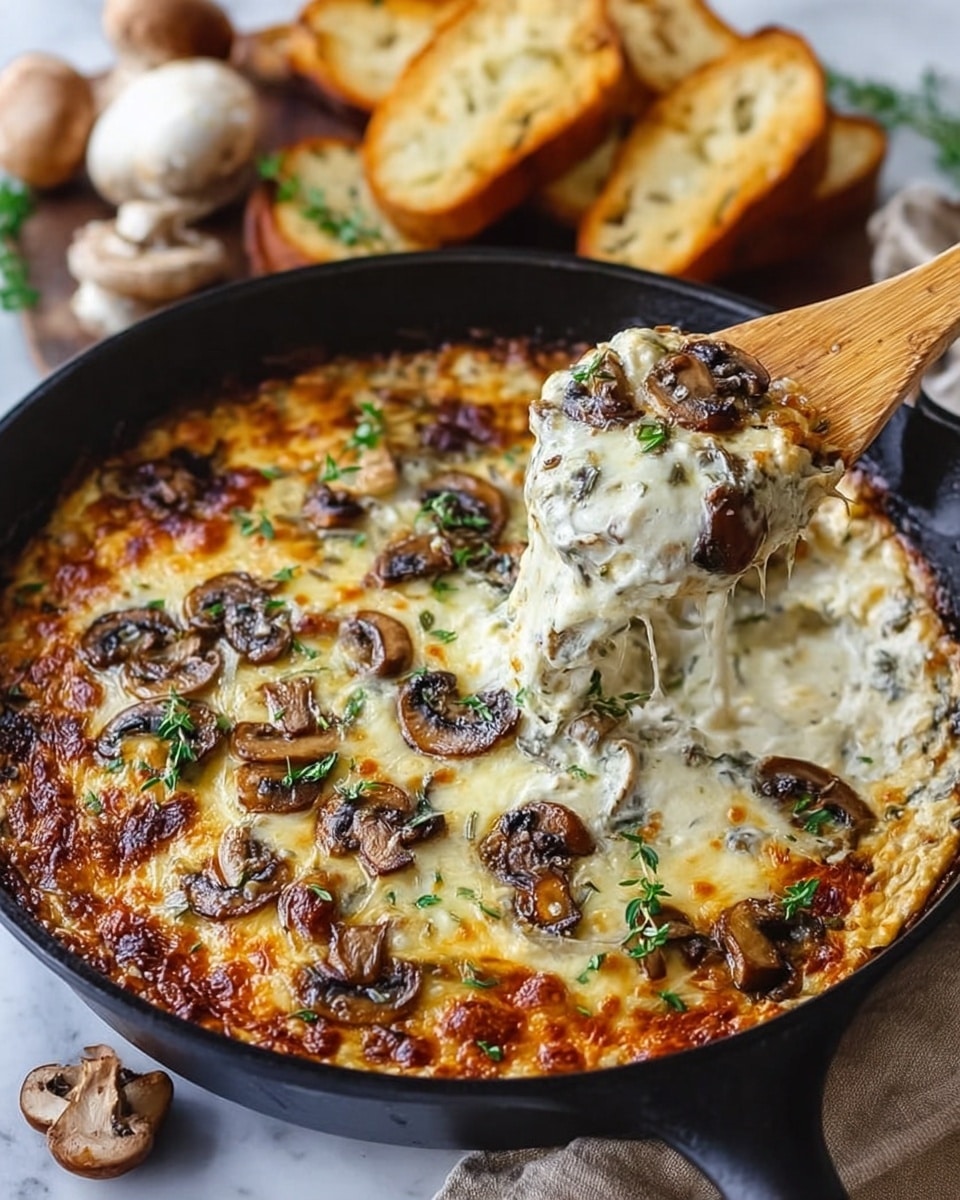 The image shows a black skillet filled with baked cheesy mushroom dip. The top layer is golden-brown melted cheese with browned edges, scattered with cooked mushroom slices and small green herb sprigs. A wooden spatula is lifting out a portion of the creamy white dip mixed with mushrooms and herbs from the skillet’s center. In the background, there are slices of toasted bread and some fresh mushrooms, all placed on a white marbled surface. The scene has a cozy, hearty feel. Photo taken with an iphone --ar 4:5 --v 7