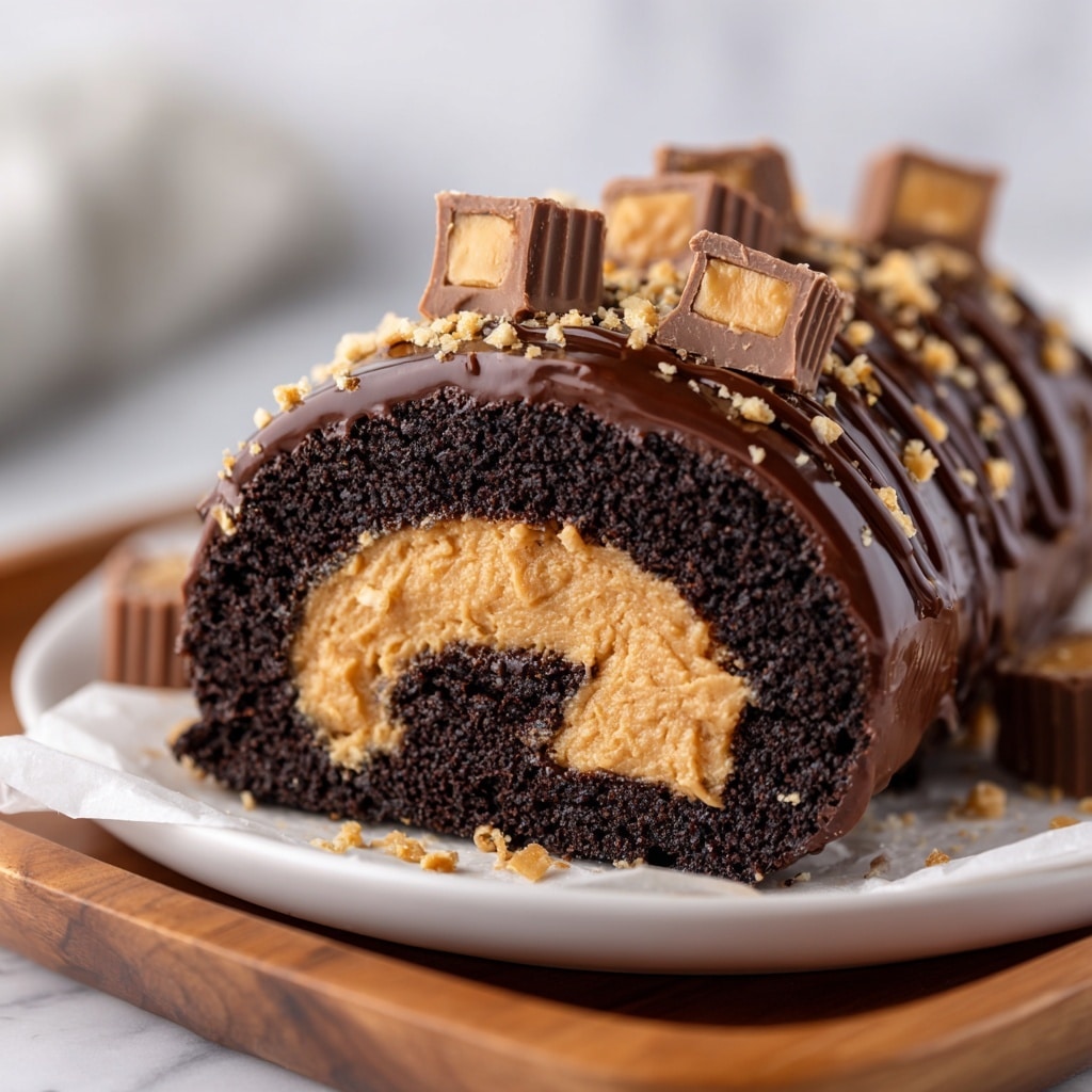 A close-up view of a chocolate roll cake with three main layers: the outer layer is dark, moist chocolate sponge cake, the middle layer is a thick, creamy peanut butter filling with a smooth texture, and the top is coated with glossy dark chocolate ganache drizzled in smooth lines. On top, there are several small square pieces of peanut butter cups placed evenly along the roll, sprinkled with crushed peanuts for added texture. The cake is placed on a white paper on a wooden tray, against a soft-focus white marbled background, photo taken with an iphone --ar 4:5 --v 7