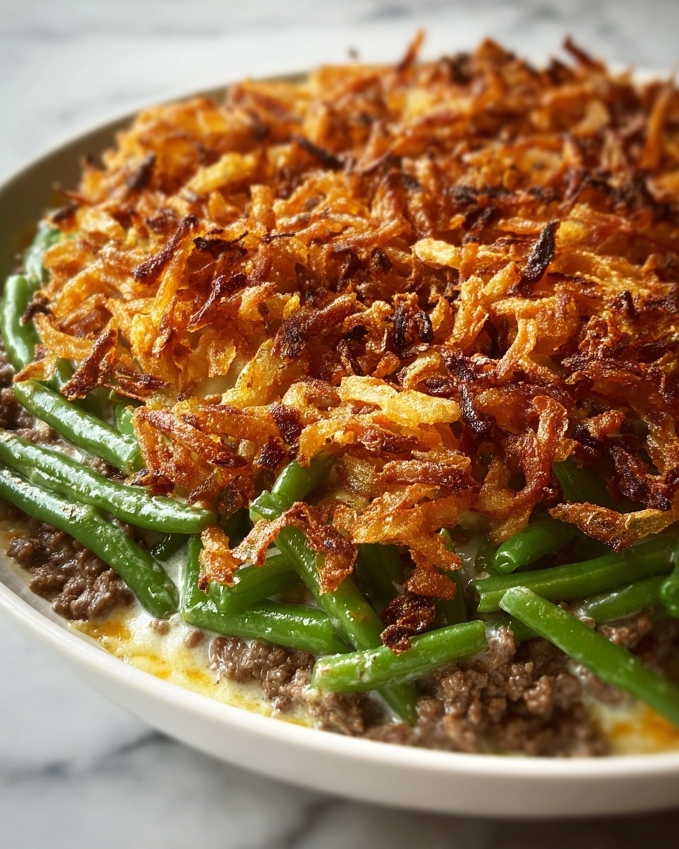 A close-up of a layered casserole in a white plate on a white marbled surface. The bottom layer shows cooked ground beef mixed with a creamy sauce, slightly visible around the edges. Above this are bright green glazed green beans spread evenly across the dish. The top layer is a generous amount of crispy, golden-brown fried onions, covering the whole surface with a rough texture. The colors range from deep brown of the beef to shiny green beans and crunchy, toasted onion curls on top, creating a rich, inviting look. Photo taken with an iphone --ar 4:5 --v 7