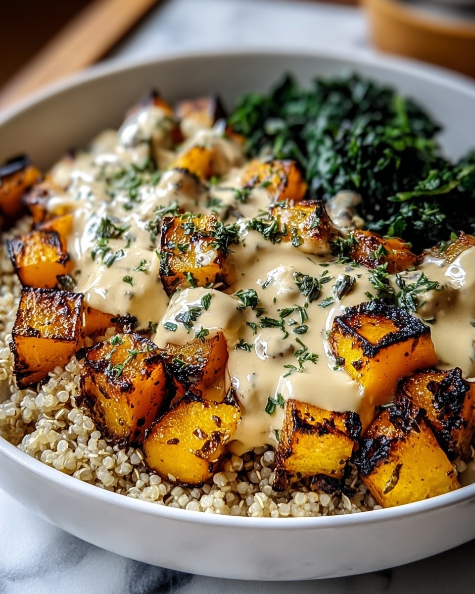 A white bowl filled with four main layers arranged side by side: at the bottom is a layer of light tan quinoa with small round grains, followed by vibrant orange roasted butternut squash cubes with charred edges on the left. Next to the squash, there are light yellow pear slices with the skin on, cut into wedges. On the right side, a bunch of dark green curly kale leaves serve as the last layer. All layers are topped with a drizzle of creamy white sauce speckled with black pepper, and some red quinoa grains are scattered on top. The bowl is placed on a white marbled textured surface. photo taken with an iphone --ar 4:5 --v 7
