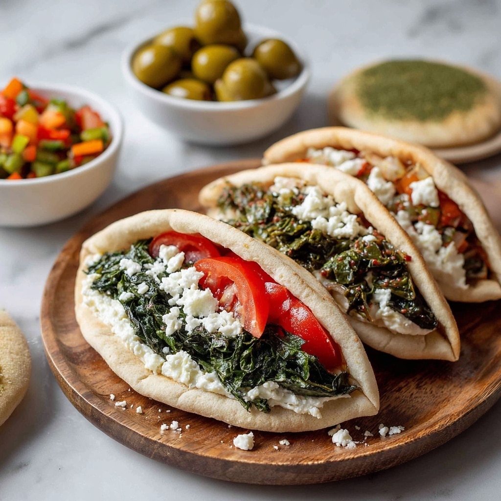 The image shows three pita breads on a round wooden plate, each folded and filled with different layers. One pita is filled with a green leafy mixture, another with a mix of chickpeas, diced tomatoes, and white sauce, and the third appears to have a similar green filling. Around the main plate, there are white bowls with different ingredients: one bowl contains green olives, another has a green round flatbread or herb paste, and another contains a colorful mix of diced vegetables. The background is a white marbled surface. Photo taken with an iphone --ar 4:5 --v 7
