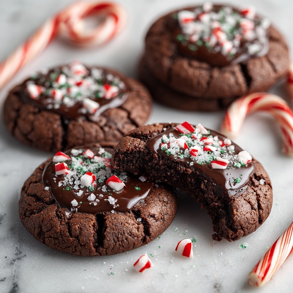 A group of round chocolate cookies with a cracked top texture is arranged on parchment paper on a round wire rack. Each cookie features chunks of dark chocolate embedded in the center, melting slightly to create a glossy effect. The cookies are sprinkled generously with crushed white and red peppermint candy pieces, giving a festive look. Several whole red and white striped candy canes are placed among the cookies, adding pops of color and a holiday feel. The background is a white marbled surface with a white ribbon featuring red stripes partially visible in the corner. Photo taken with an iphone --ar 4:5 --v 7