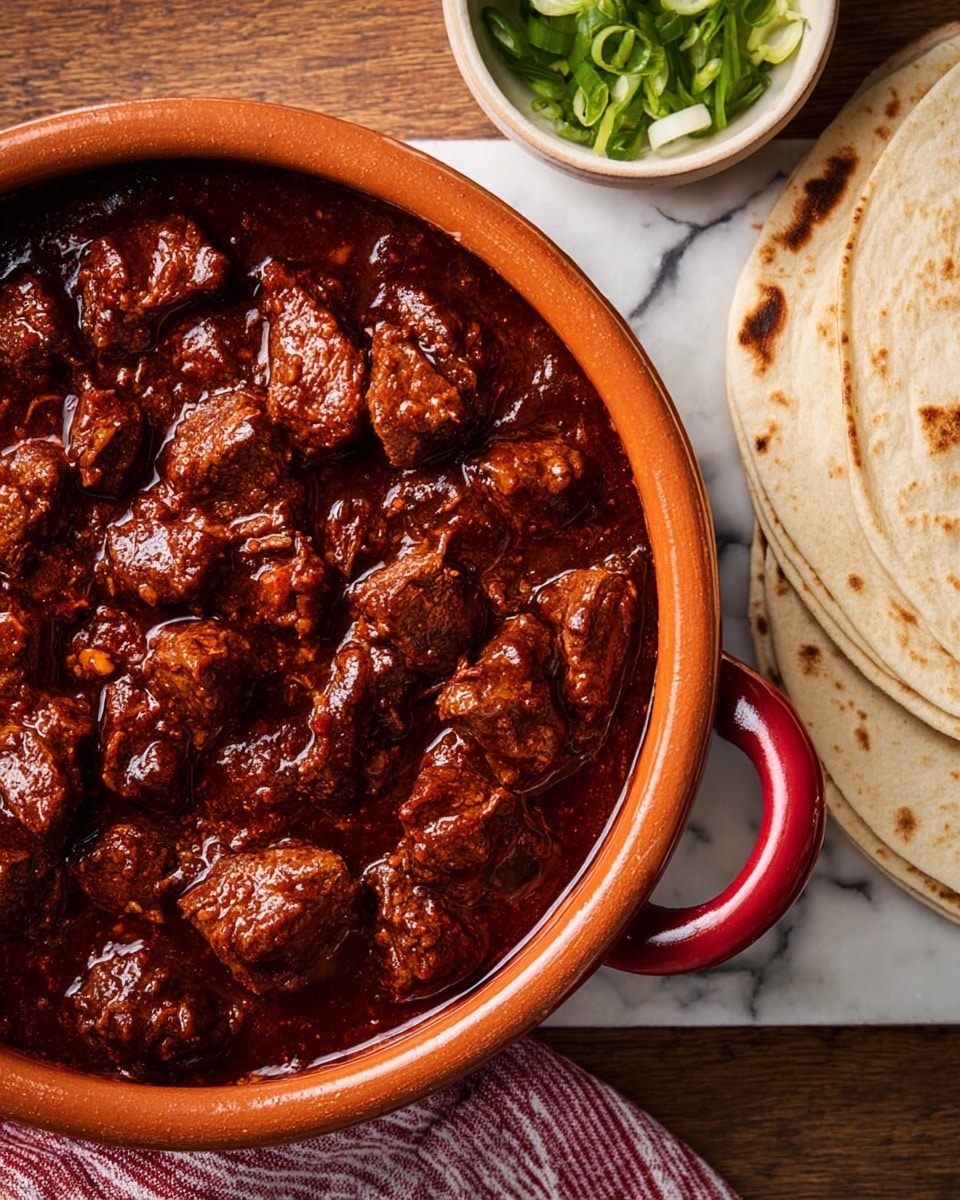 On a white plate with green stripes around the edge, there is a serving of dark brown beef chunks in a rich, shiny, reddish-brown sauce on the right side. To the left of the beef, there is a pile of orange-colored rice mixed with small green herbs. On top of the rice, there are thin, round slices of pink and white radish along with small bits of white onion and chopped green cilantro sprinkled over both the rice and meat. A wedge of lime garnished with cilantro is placed at the bottom edge of the plate. The plate is set on a dark surface with a white marbled texture visible around the edges, and nearby are a white bowl with slices of radish and some tortillas on a wooden dish. photo taken with an iphone --ar 4:5 --v 7