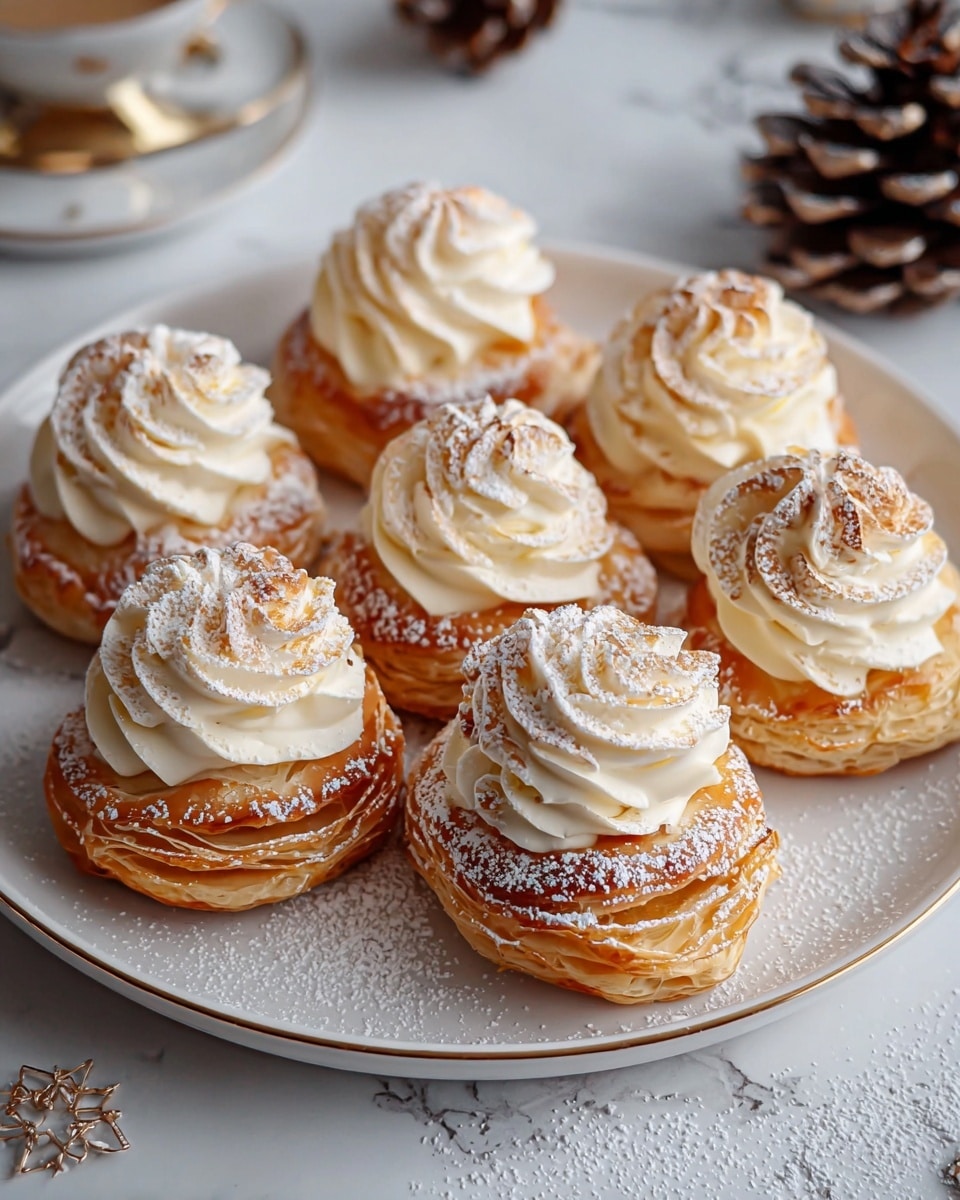 A group of cream puffs arranged closely on a round wooden board with black metal hoops, each cream puff has two layers: a golden-brown top and bottom choux pastry shell dusted with white powdered sugar, filled thickly in the middle with a generous swirl of smooth, light cream that is a pale ivory color; scattered around the board are fresh strawberries, some halved showing bright red insides with green leaves; the whole scene sits on a white marbled surface with a soft pink cloth blurred in the background, creating a warm and inviting feel. photo taken with an iphone --ar 4:5 --v 7